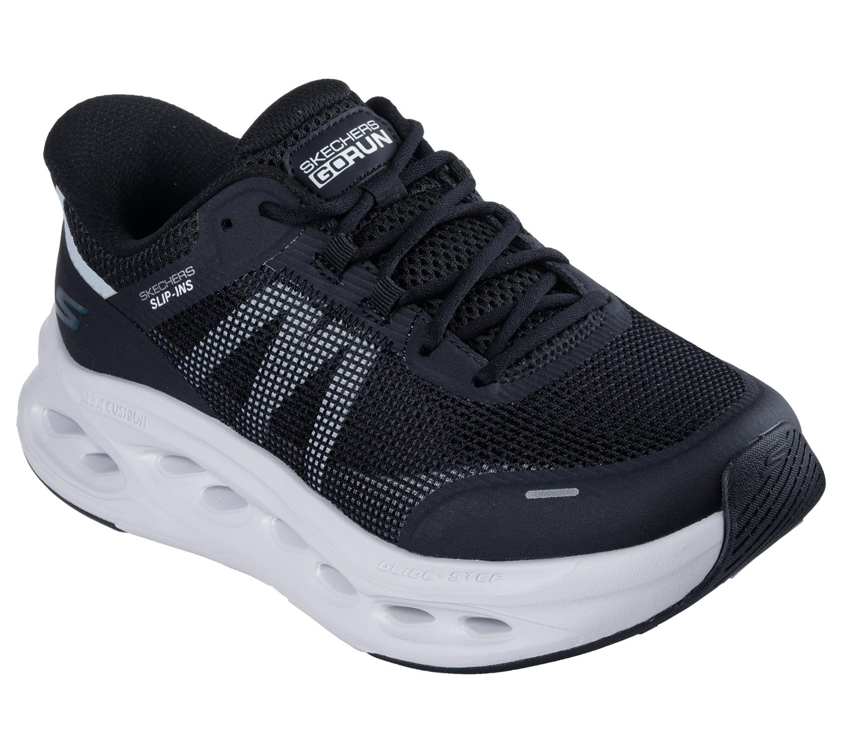 Skechers Women's Max Cushioning Glide-Step Aberdeen Slip-in Trainers, Black Synthetic/White Trim, 4.5 UK