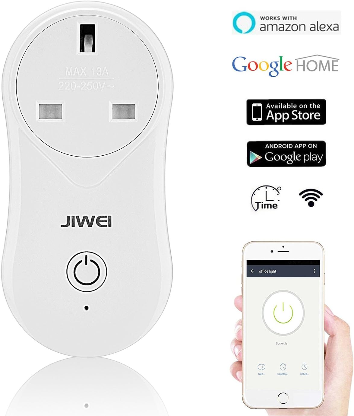 Wi-Fi Smart Plug,JIWEI Wireless Socket Outlet Compatible with Alexa No Hub Required Power Socket Outlet Control Your Devices from Anywhere (UK Plug）