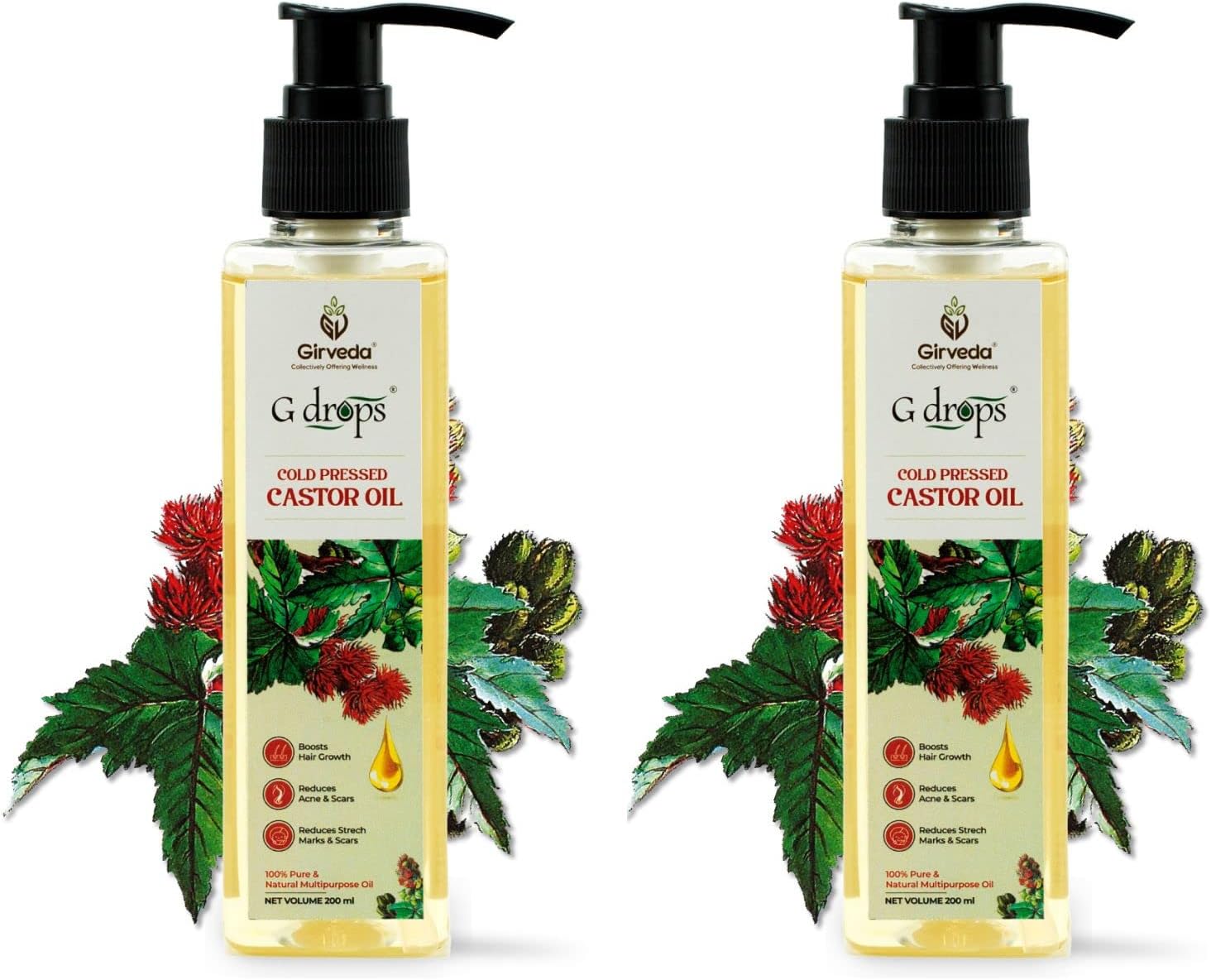 Cold Pressed Castor Oil for Hair, Skin, Eyebrows and Nails - 100% Pure Arandi Oil - Unrefined, Hexane Free - For Men and Women - Pack of 2 (200ML+200ML)
