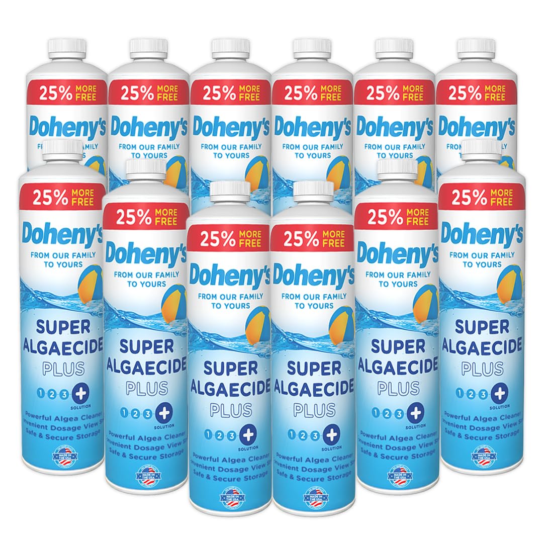 Doheny's Super Algaecide Plus | Pro-Grade | Effective Against Most Algae Types | 7.1% Chelated Copper (Reduces Staining) | Non-Foaming, No Clouding | Safe to Swim After Use | 12 x 40oz Bottles (480oz)