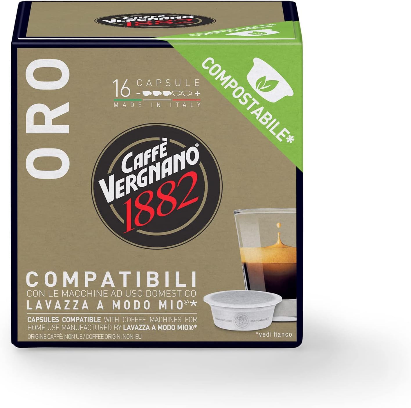 Caffè VERGNANO 1882, 256 Capsule Compostabili e Compatibili Lavazza A Modo Mio, ORO - 16 confezioni da 16 -DD-