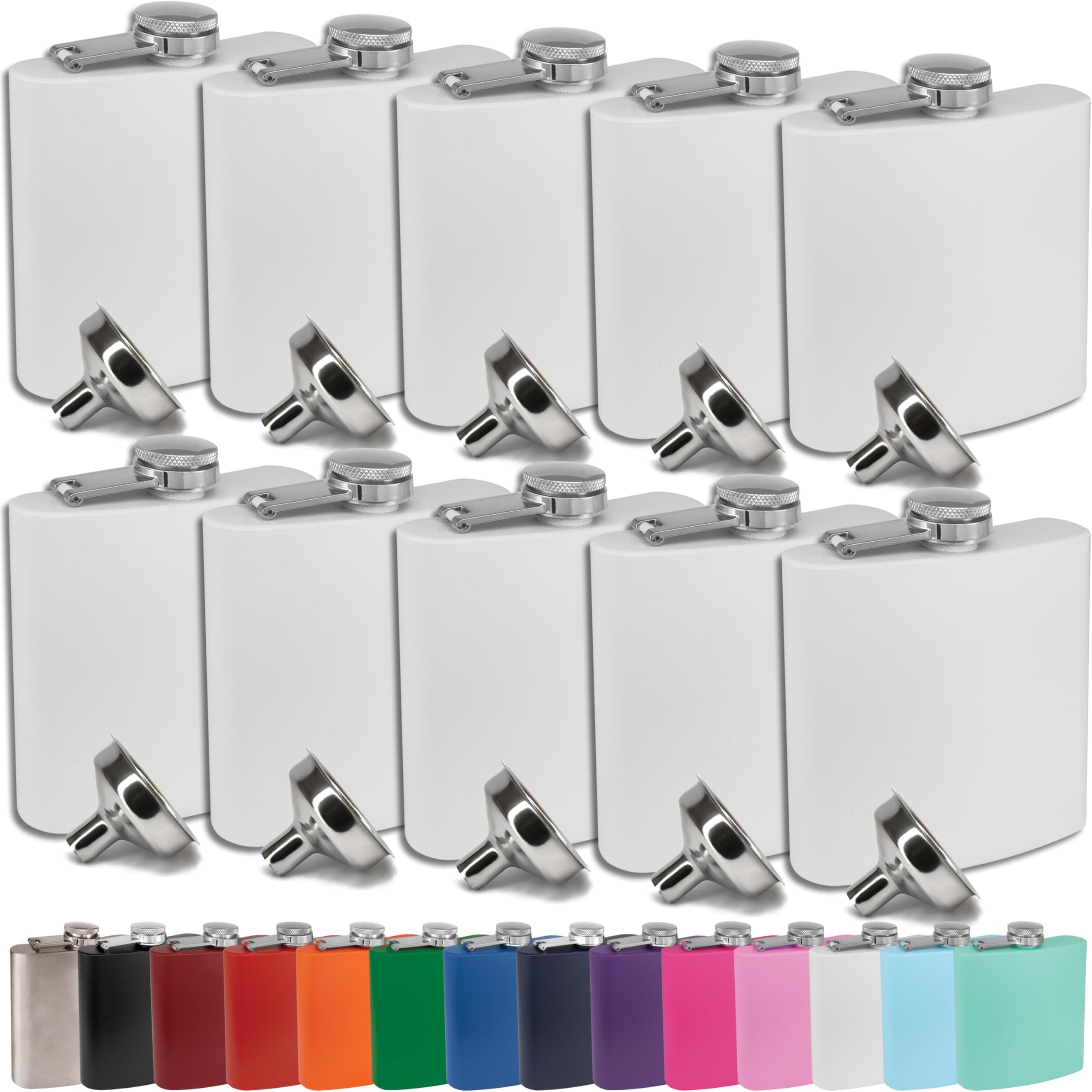 6 oz Stainless Steel Hip Flask w/Flask Funnel for Men & Women - Powder Coated Hip Flask Gift Sets, Groomsmen, Bridesmaids, Wedding Party Whiskey Flask, Clear Water Home Goods (Matte White, 10)