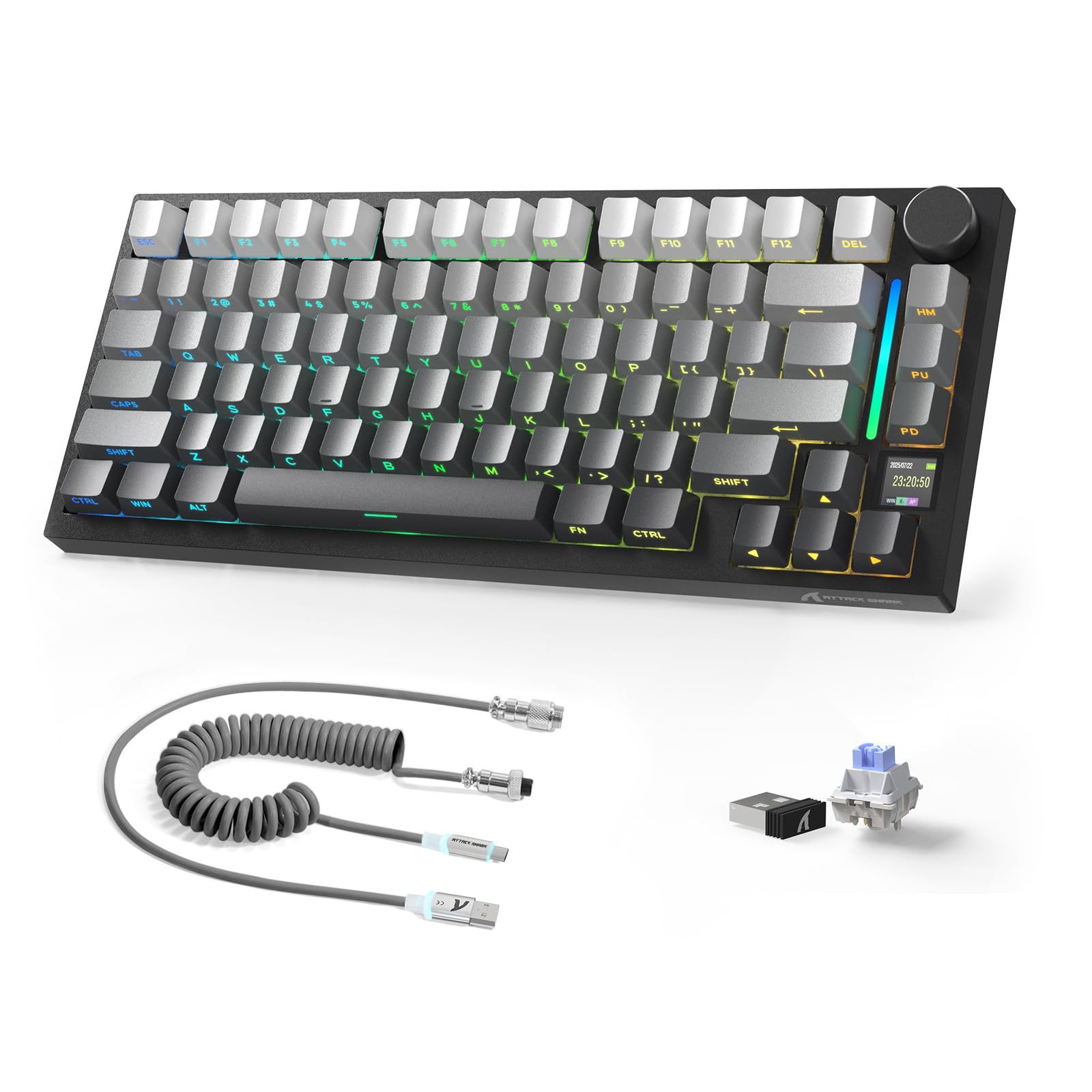 A.JAZZ X ATTACK SHARK X820Ultra Tastiera Meccanica Wireless & Cavo Avvolto | 2.4G/BT/USB-C Cablato, Layout 75% 80 Tasti con Display TFT a Colori & Manopola CNC, RGB Hot-Swap, 4000mAh-Nero/Shark Switch