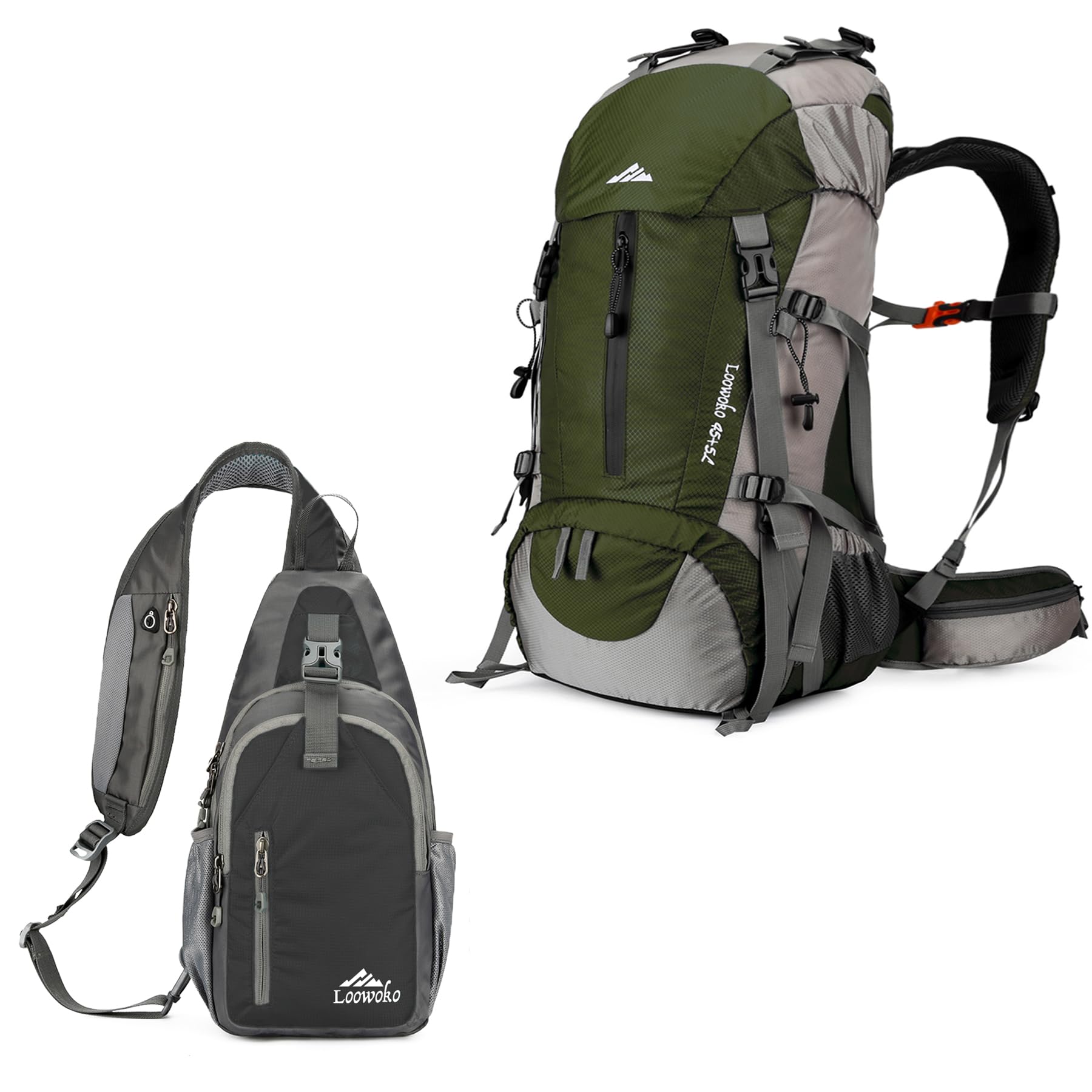 LoowokoHiking Backpack/Sling Bag, 50L Green + 5L Black