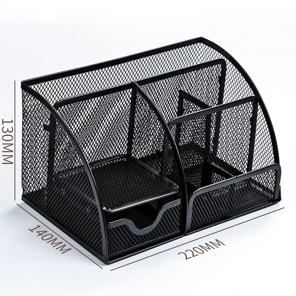 Stifthalter für den Schreibtisch, Netz-Stifthalter, Schreibtisch-Organizer mit 7 Fächern und 1 Schublade, Schwarz, 130 x 140 220 mm
