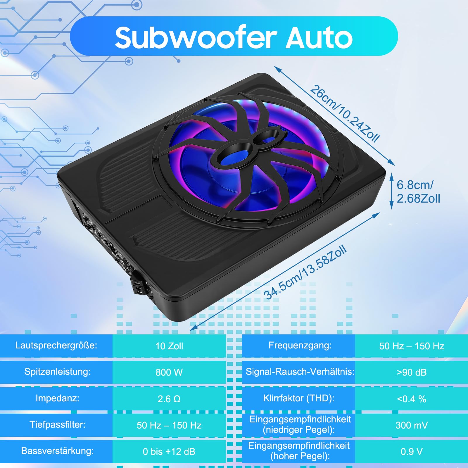 VINGVO Subwoofer para coche, 10 pulgadas, 800 W, subwoofer activo para coche, 2,6 ohmios, ultraplano, subwoofer para coche, con amplificador controlador de sonido bajo, altavoz para vehículo, camión