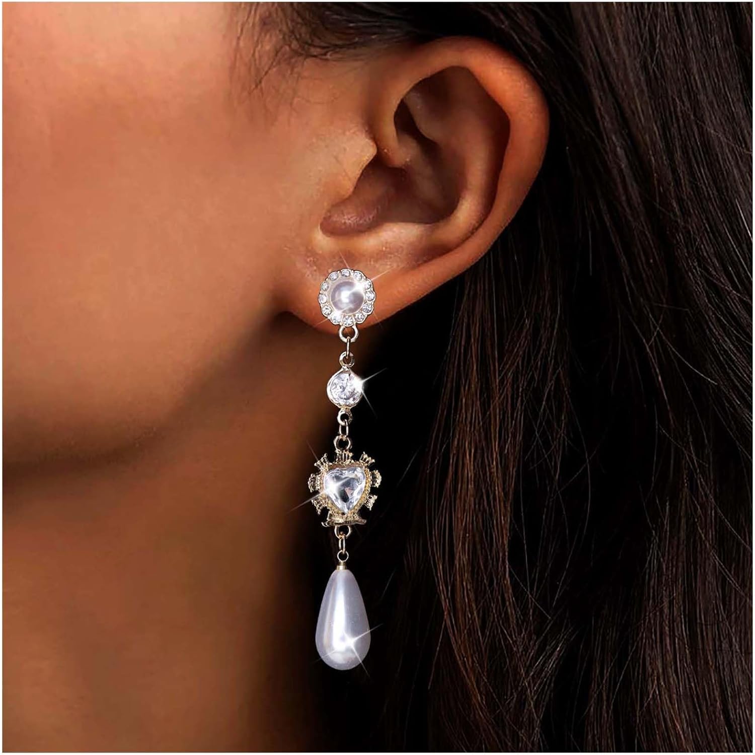 Andelaisi Boho Crystal Heart Pearl Earrings Vintage Pearl Teardrop Dangle Earrings Gold Pearl Stud Earrings Personalized Pearl Long Drop Earrings Jewelry for Women - Image 2