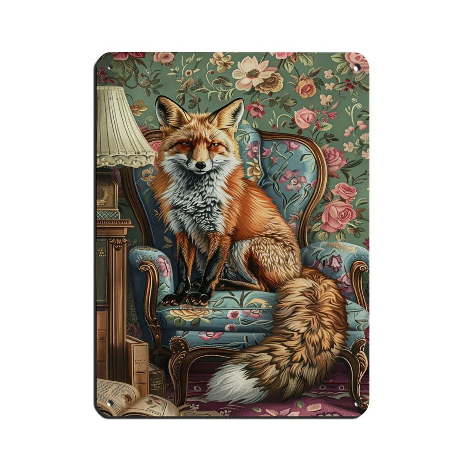 Cottage Fox On Sofa Poster Retro Poster Metal Tin Sign Chic Art Retro Iron Painting Bar People Cave Cafe Family Garage Poster Wall Decoration 12x16inch(30x40cm)