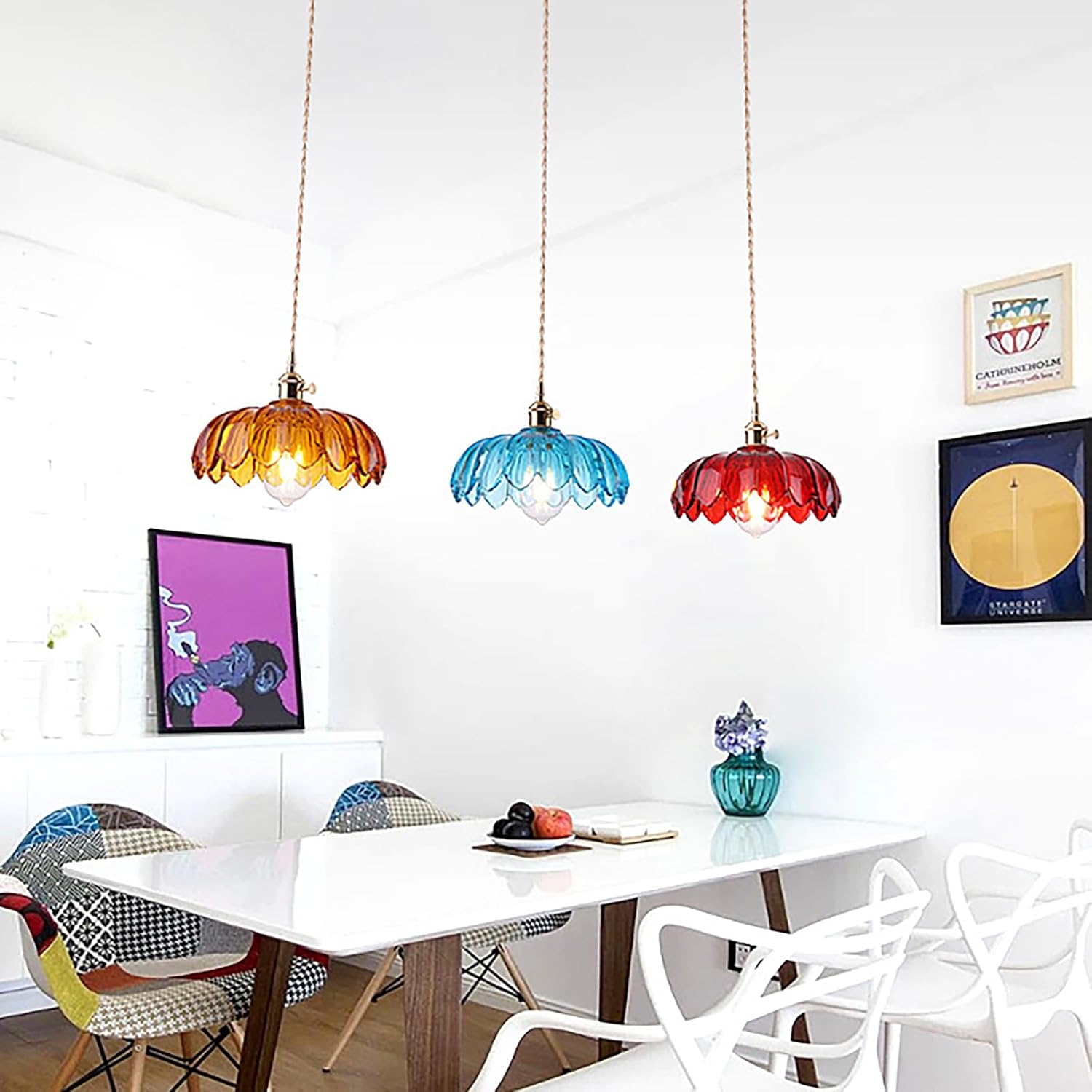 Retro Vintage Orange Duty Heavy Glass Pendant Lights Fixtures 9.6 In/245mm Diameter Round Lampshade and Gold Brass with Switch ON/Off Pendant Hanging Lamp for Farmhouse(Amber)