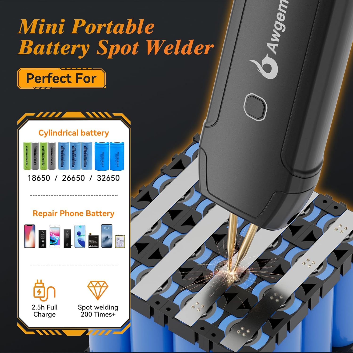 Awgem SH1 Handheld Spot Welder being used to weld cylindrical batteries and repair a phone battery.
