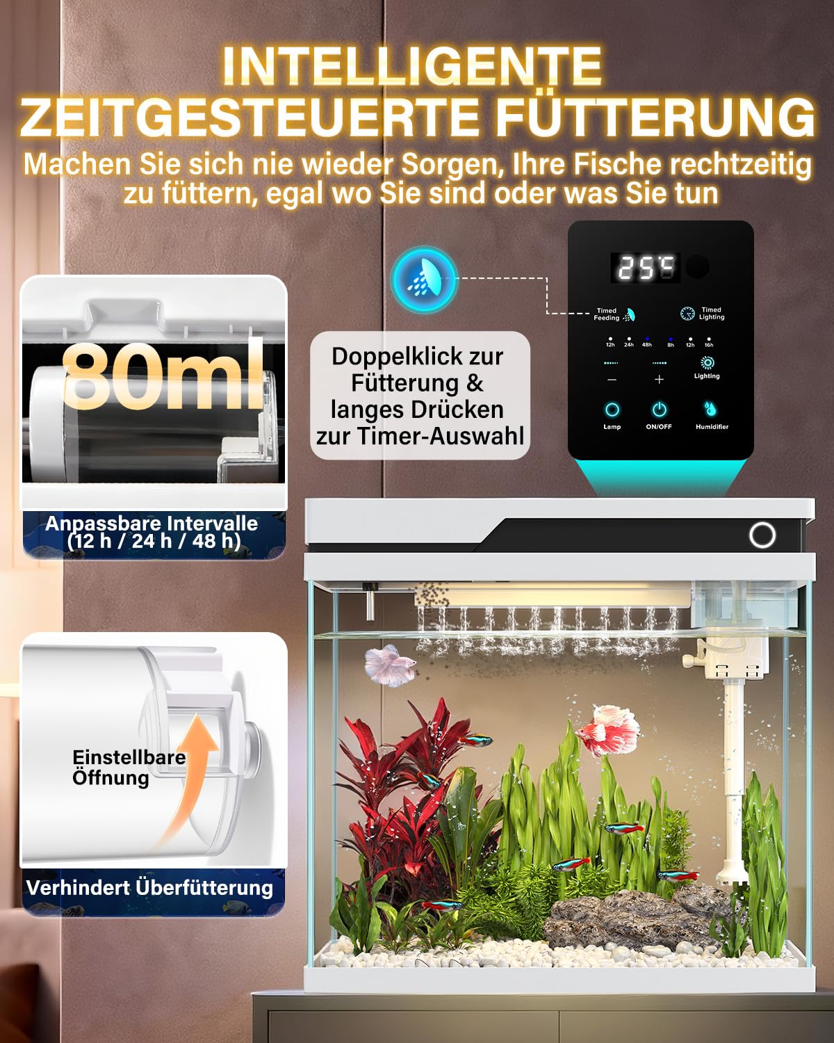 Vehipa Petit Aquarium 26L, Aquarium Complet Débutant avec Distributeur Automatique de Nourriture, humidificateur, Pompe silencieuse 4 en 1, Affichage de la température et éclairage réglable