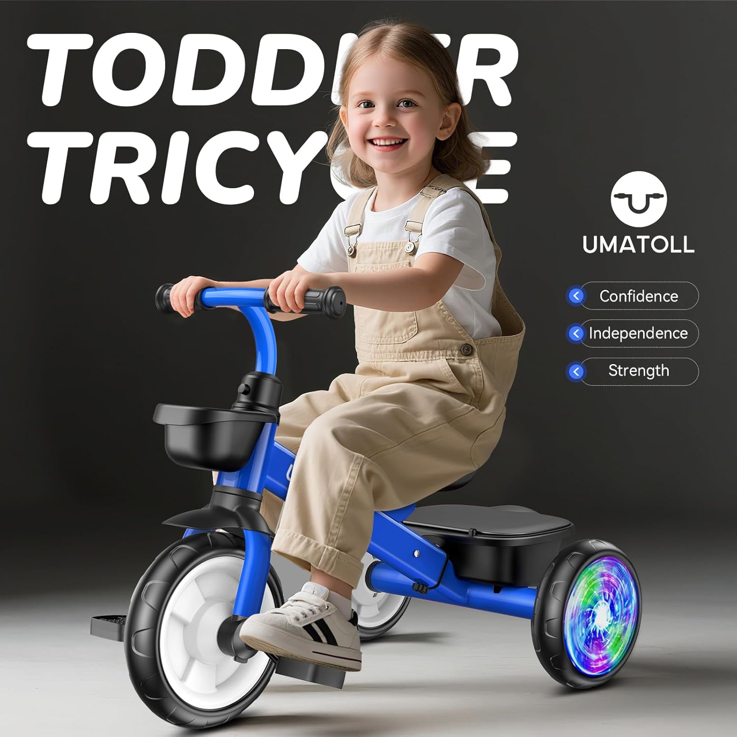 Umatoll Tricycle for Toddlers 2-5 Year Old, Ajustable Toddler Bike Outdoor Toys, Birthday Gift for Boy Girl Age 2-4, Trike with Light up Wheels (Blue)