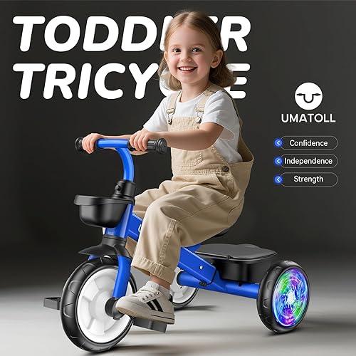 Miniatura 2 de Umatoll Triciclo para niños pequeños de 2 a 5 años, bicicleta ajustable para niños y niñas de 2 a 4 años, triciclo con ruedas iluminadas, azul