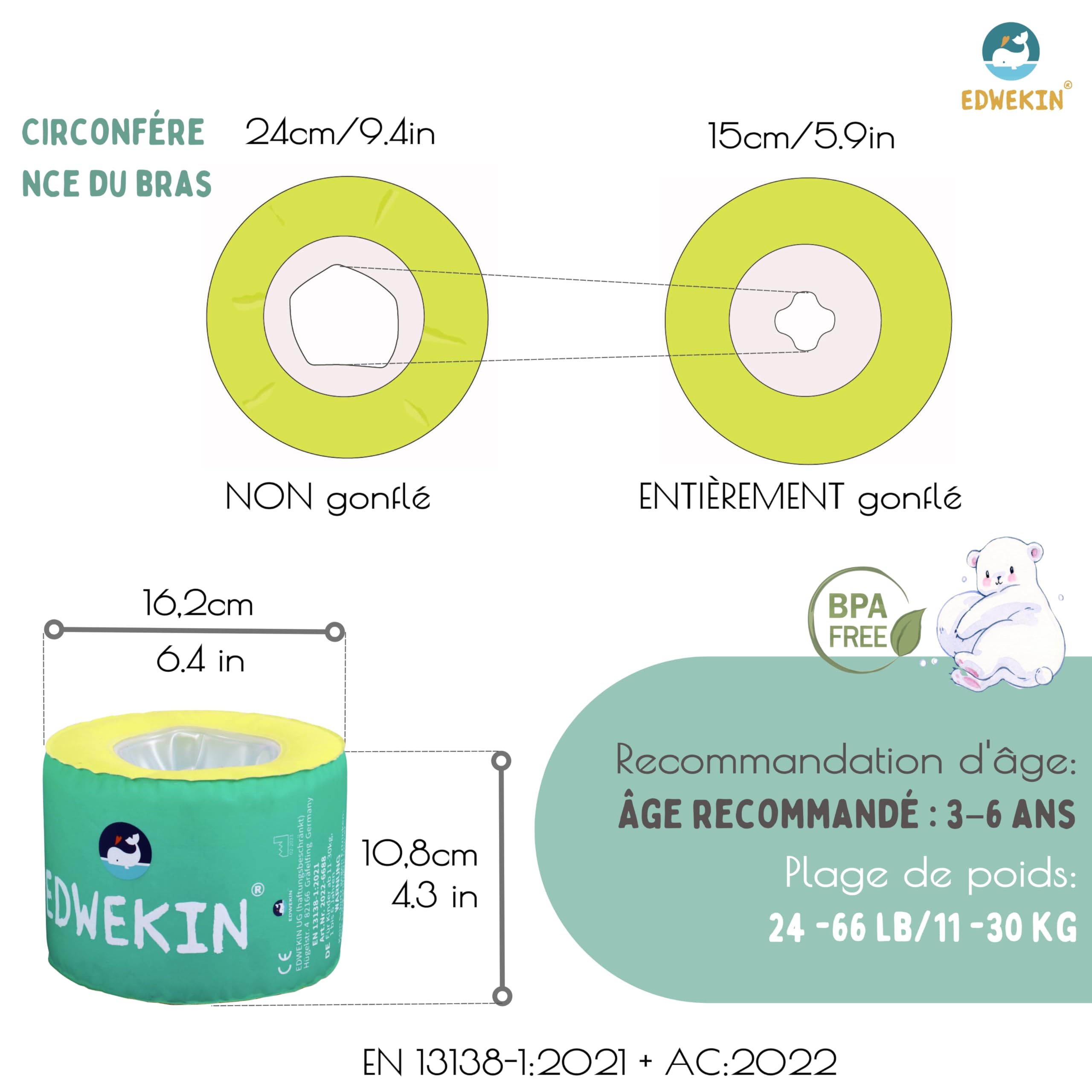 EDWEKIN® Brassards de Natation pour Enfants avec Noyau en Mousse et Surface en Tissu - Aide à la Natation Parfaite et élégante pour bébés et Enfants de 1 à 6 Ans