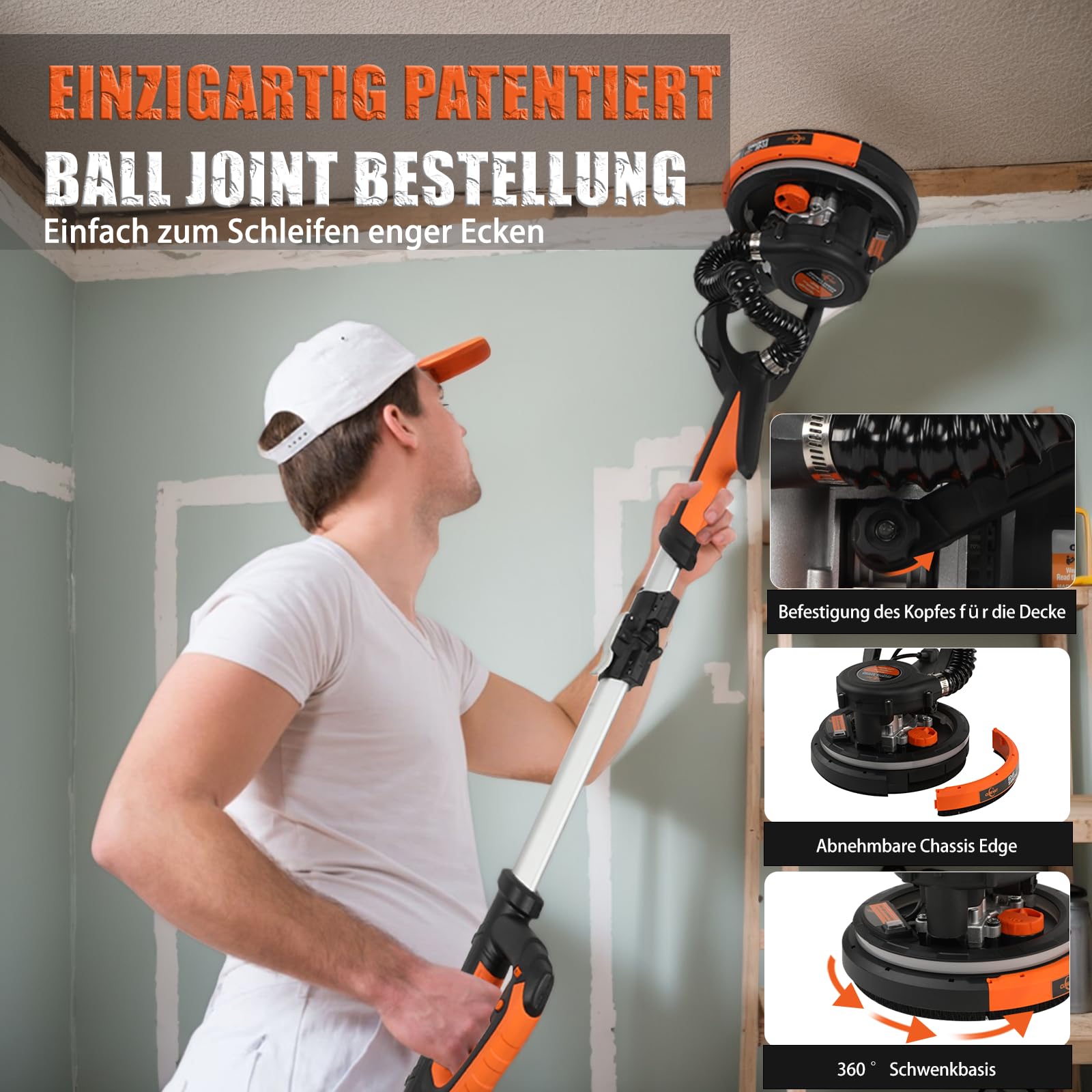 Lijadora de pared y techo, 750 W, velocidad máxima de 1800 rpm, lijadora de pared con LED y mango telescópico, lijado de 215 mm, bolsa de extracción, mango plegable, cabezal inclinable