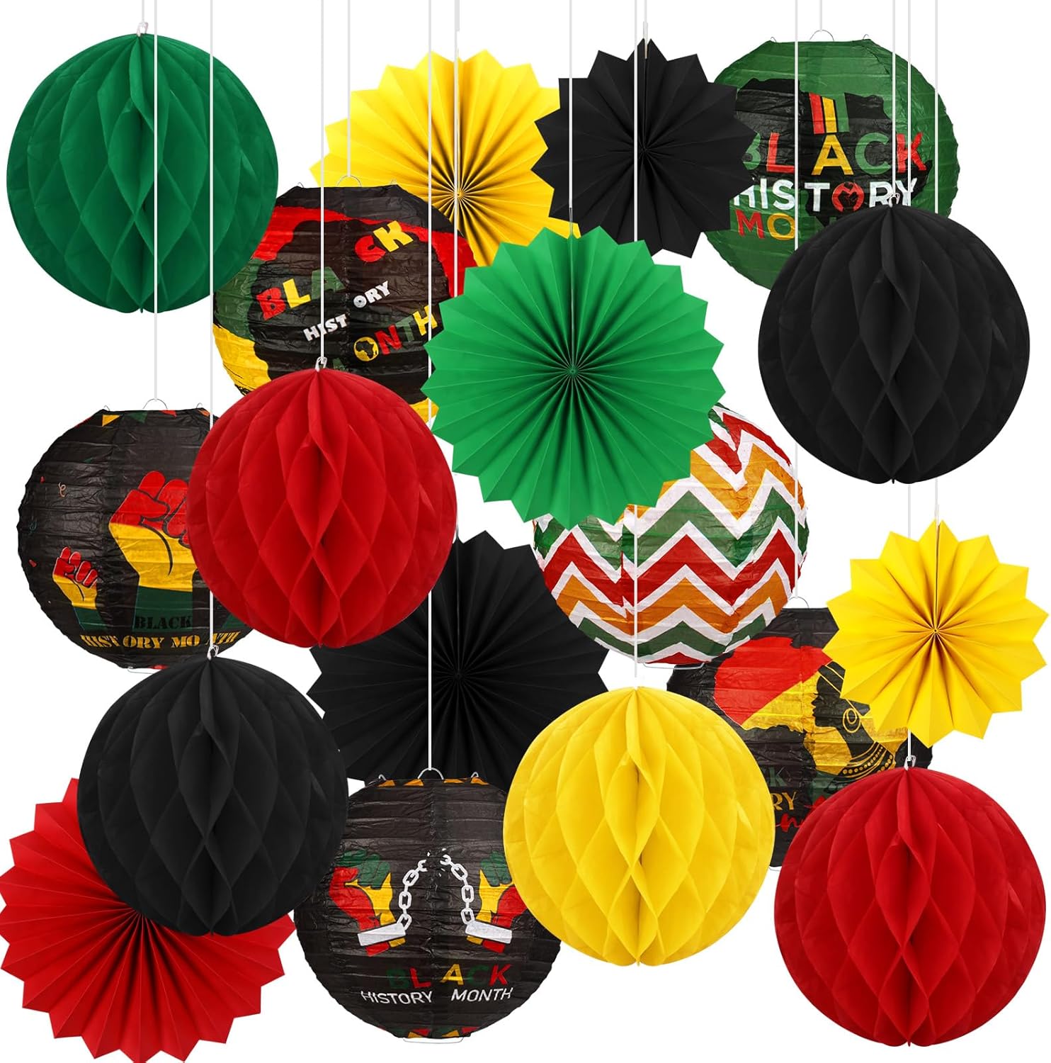 18 Pcs Black History Month Party Hanging Decoration Black Red Green Yellow Hanging Paper Lanterns Round Honeycomb Ball Paper Fans for Juneteenth African American Holiday Party Decorations Supplies