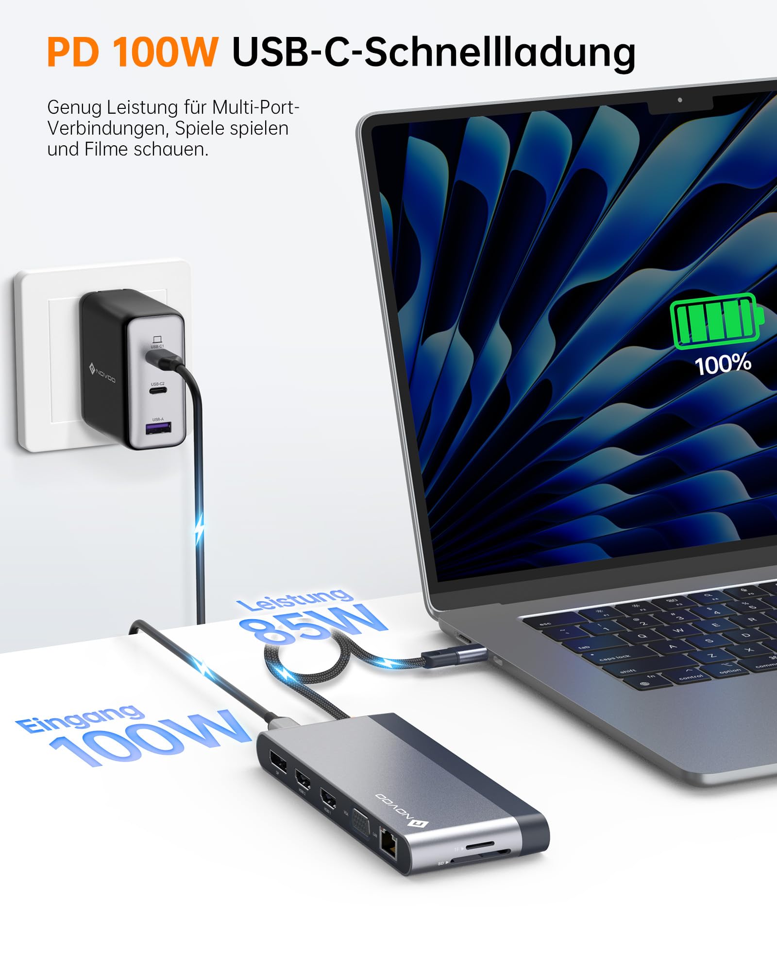 NOVOO USB C Docking Station 4 Monitore 14-in-1 USB C Hub mit 4K@120Hz DisplayPort,2HDMI 4K@60Hz,VGA,4USB-A+1USB-C Datenübertragung,PD 100W,Gigabit Ethernet,SD/TF,Audio/Mic für MacBook Dell(40cm Kabel)