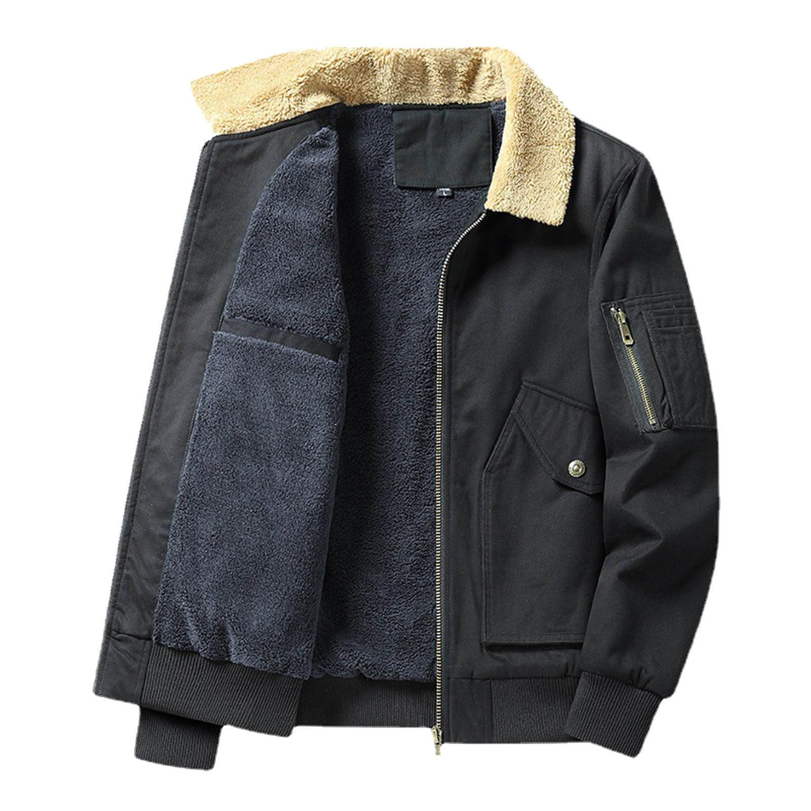 Generico Fleecejacke Herren Reißverschluss ohne Kapuze Vintage Casual Warm Mantel Winterjacke Winddicht mit Taschen Sport Outwear Trekking Jacke Dicke für die Übergangszeit