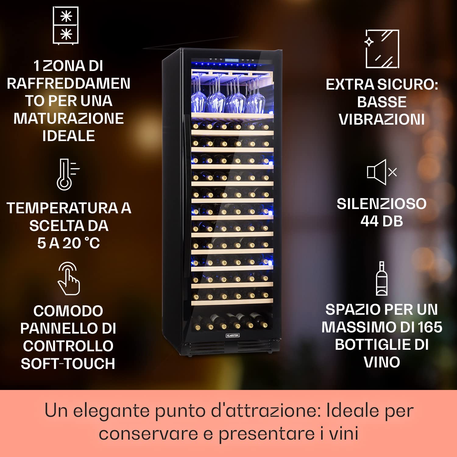 Klarstein Cantinetta Vino Design da Incasso, Cantinetta Vino Refrigerata a Zona Singola per Vino Rosso, Bianco e Birra, Controlli Touch, Frigo Vino Cantinetta per Esterno/Interno, 433L, 165 Bottiglie