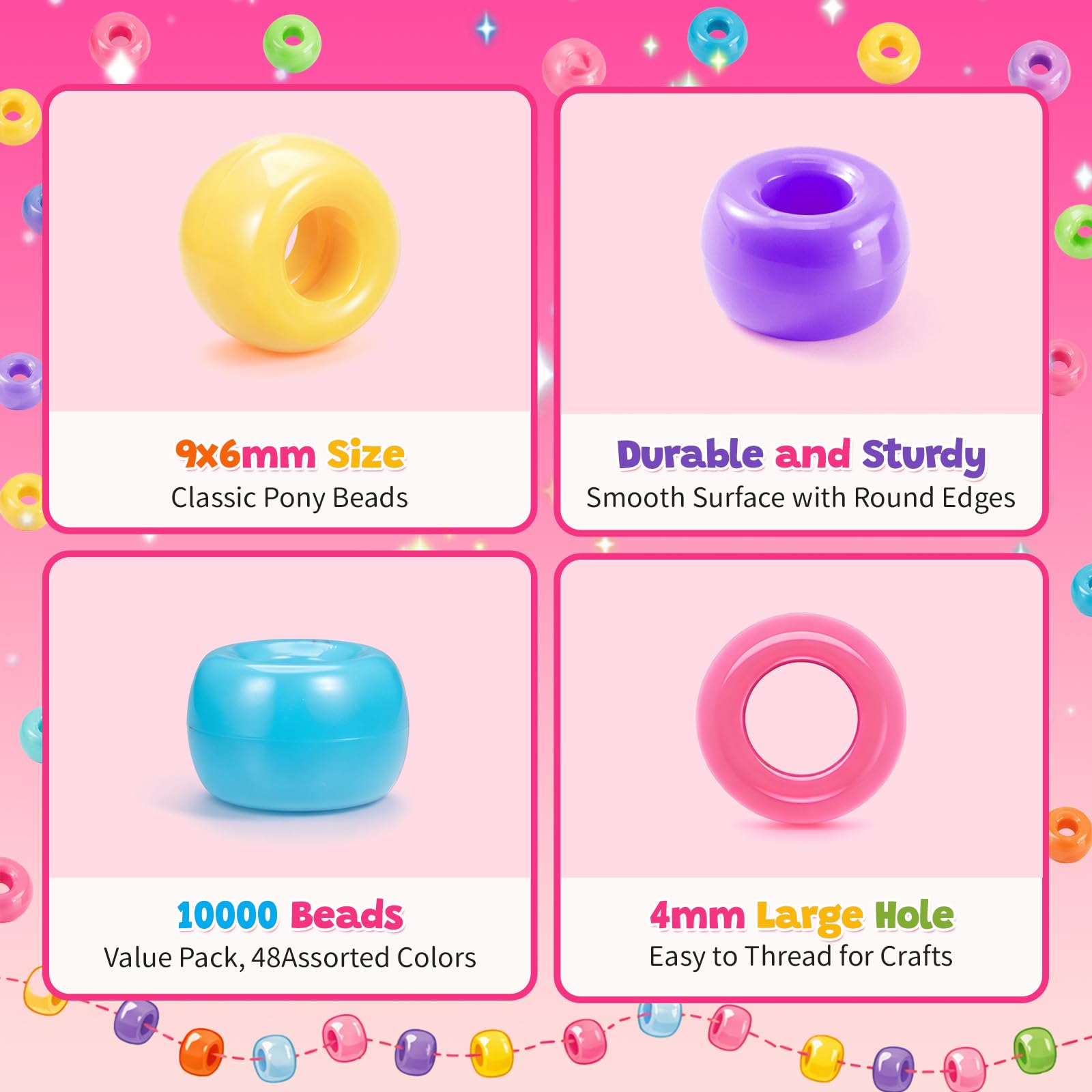 Umikk Pony-Perlen in 48 Farben, 6 x 9 mm, Kunststoff-Kandi-Perlen für Armbänder, Haare, Flechten, Schlüsselanhänger, Schnüren, Basteln, Geschenke für Kinder ab 6 Jahren (2,60 kg, stapelbarer