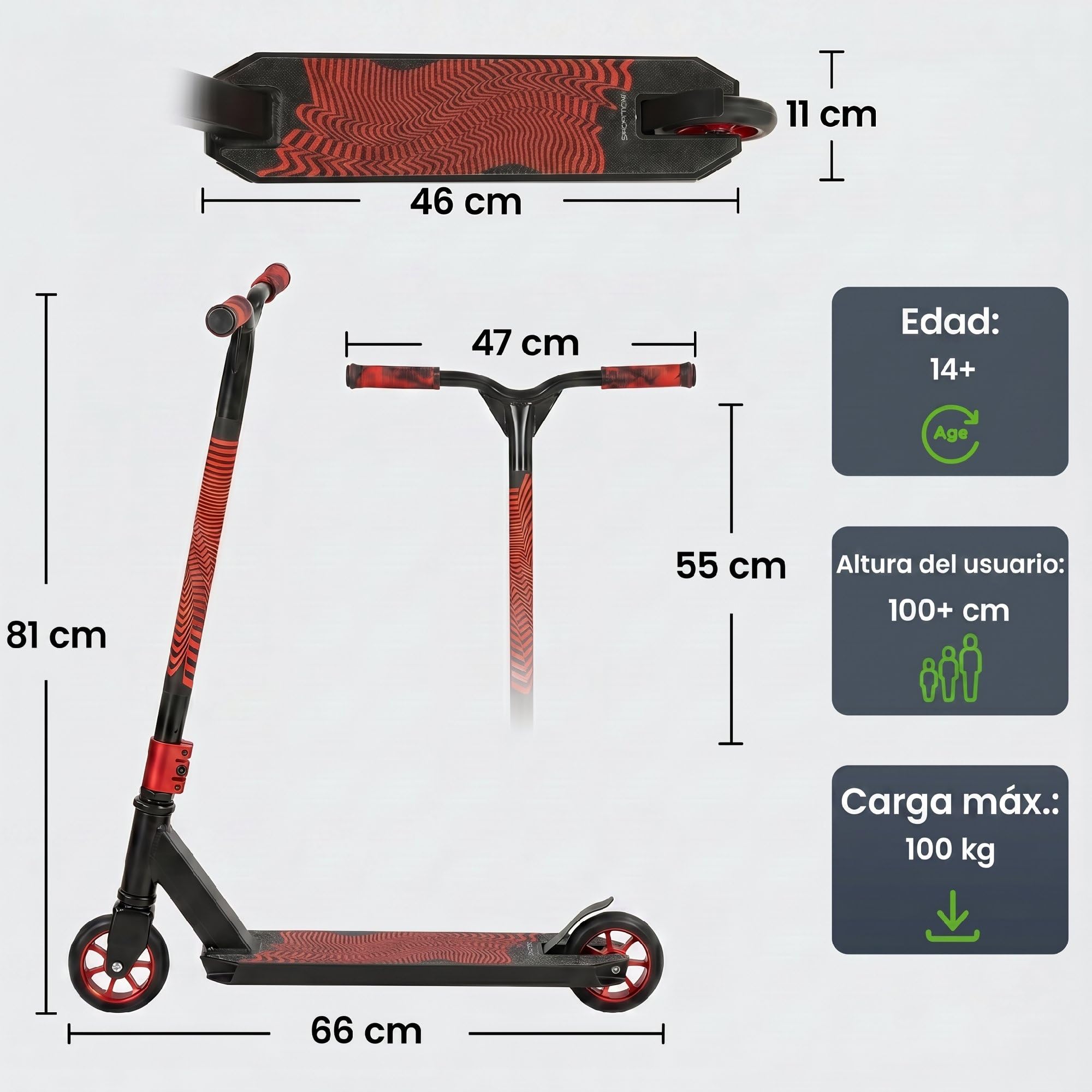SPORTNOW Scooter Acrobático Freestyle Manillar 360° ABEC-9 Adultos Rojo | Ruedas de PU de 120 mm, Marco de Aluminio Acero, Antideslizante, Adolescentes, Skatepark