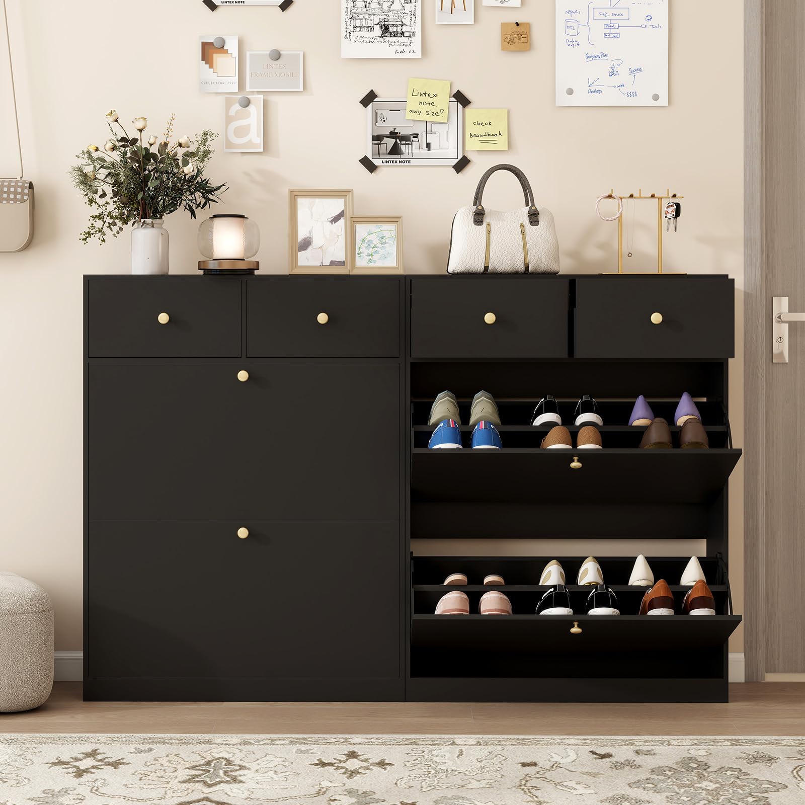 YOURLITE Schuhschrank Schmal,Schuhkipper,2 Klappen & 2 Schubladen,Schwarz | Platzsparender Schuhkipper Holz,Schuhkommode,Trennwand Verstellbar,für Flur,Eingang,Diele,Wohnzimmer,80x24x106cm