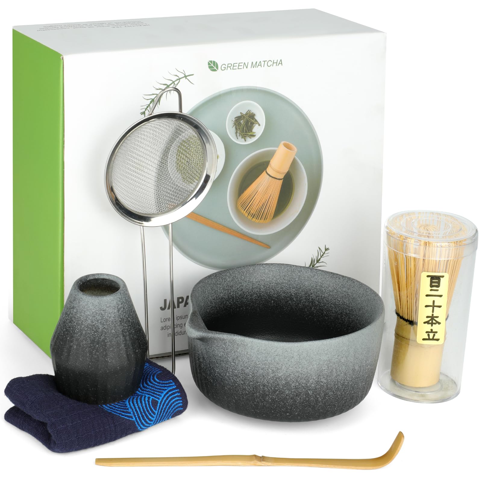 Matcha Whisk Set,Matcha Set,6 Pcs Matcha Kit for Ceremony Includes Matcha Whisk and Holder,Matcha Bowl(chawan) with Spout,Sifter and Tea Towel,Bamboo Scoop,Gift for Matcha Lover