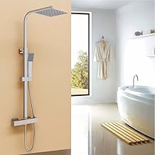 OCEAN ITALY Shower Column with Thermostatic Mixer, Shower Set with Square Shower Head in Stainless Steel and Square Hand, Adjustable Shower Riser Rod, Anti-Burning