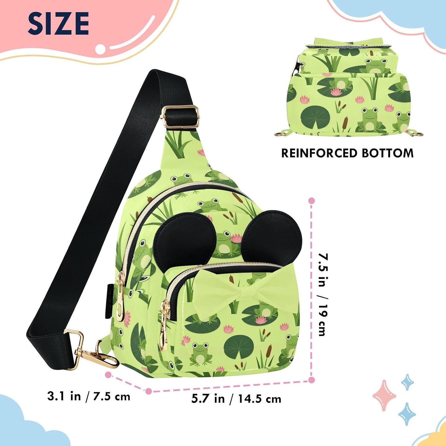 Sinestour Frogs Kids Sling Bag for Girls, 7.5"x5.7"x3.1" | Crossbody Fanny Pack, Toddler Purse, Cute Sling Belt Bag with Ears, 2L Small Shoulder Chest Bag for Travel