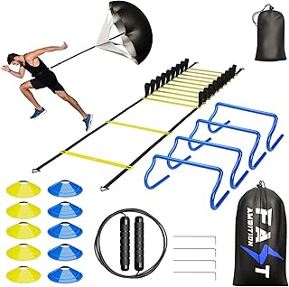 Speed & Agility Training Set (Blue &Yellow) - Agility Kit w/ Football Ladders,Cones Hurdle Set, Parachute for Speed Training, Workout Ladder Rope &Carry Bag –Kids, Adults Agility Training Equipment