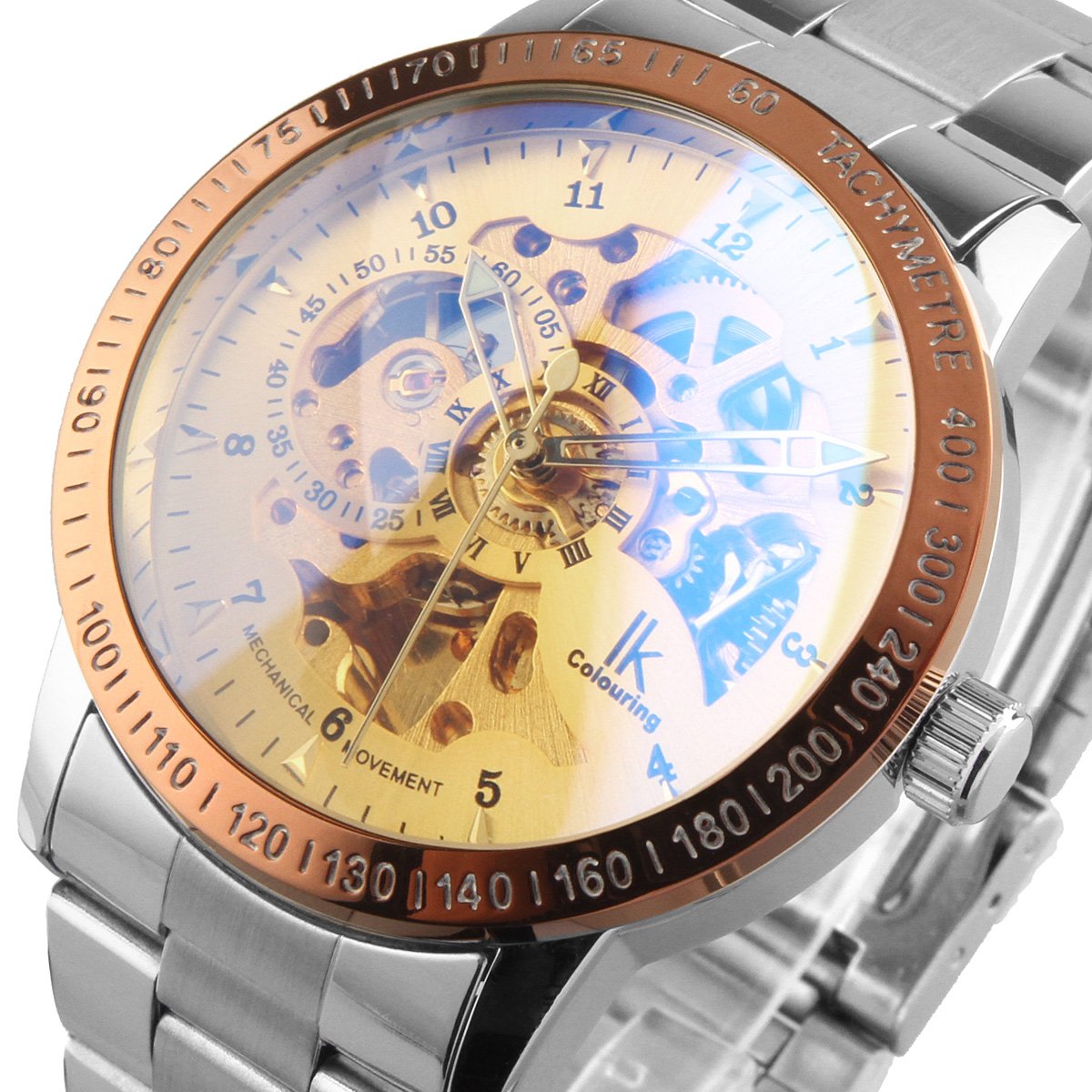 Alienwork IK Reloj Automático Hombre Mujer Plateado Pulsera de Metal Acero Oro Esqueleto Fondo de Vidrio