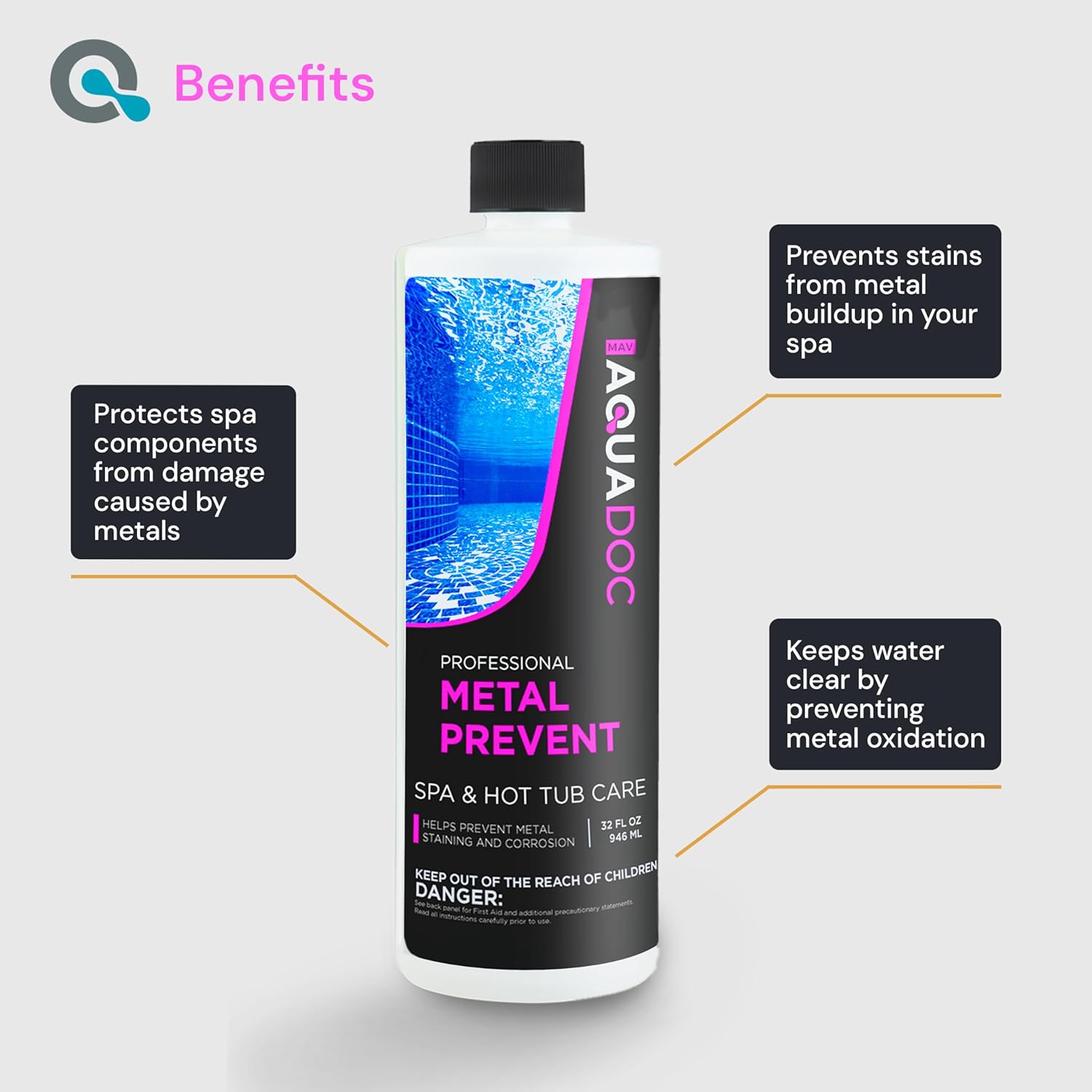 Spa Metal Control and Stain Protector to Protect Hot Tub Surfaces 32oz - Metal Gone Hot Tub Chemicals Made in The USA - AquaDoc