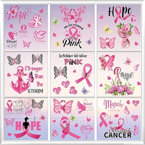 Miniatura 4 de Adhesivos para ventana de concientización sobre el cáncer de mama, 9 hojas de cinta rosa, calcomanías de decoración de cáncer de mama, calcomanías