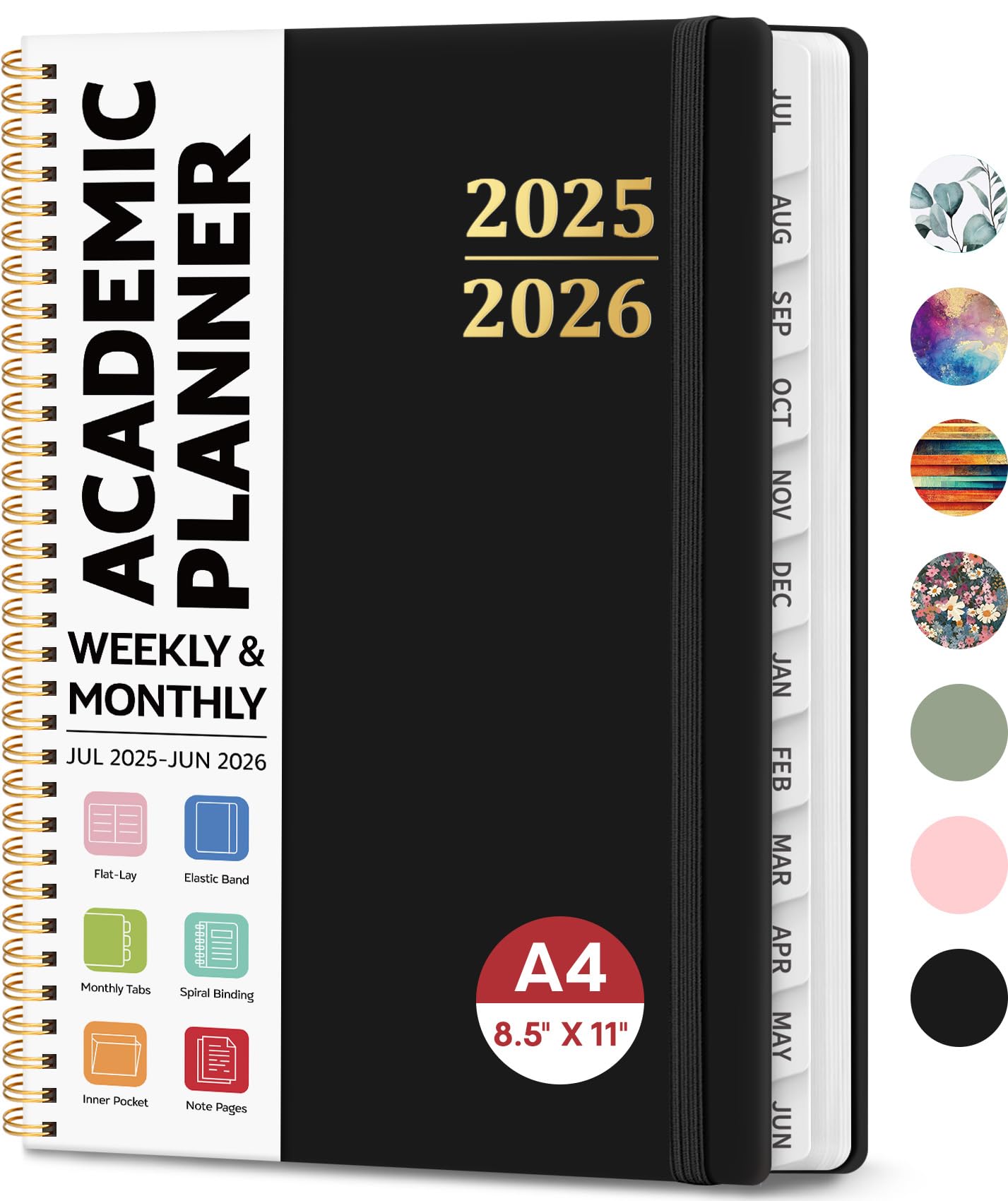 8.5" x 11" Academic Planner 2025-2026, Weekly & Monthly Calendar Planner Book, July 2025 – June 2026, Large Hardcover Organizer with Tabs, Perfect for Teachers, Students, Women & Men – A4, Black