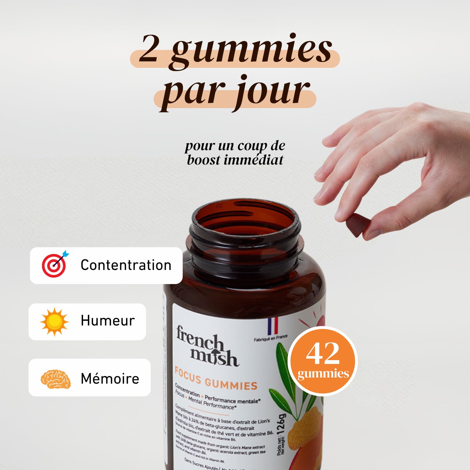 French Mush Lion’s Mane Gummies – Complément Mémoire et Concentration – Multivitamines avec Vitamine C, B6, Acérola et Thé Vert – Bien-Être, Relaxation – 42 Gummies Vegan Multifruits