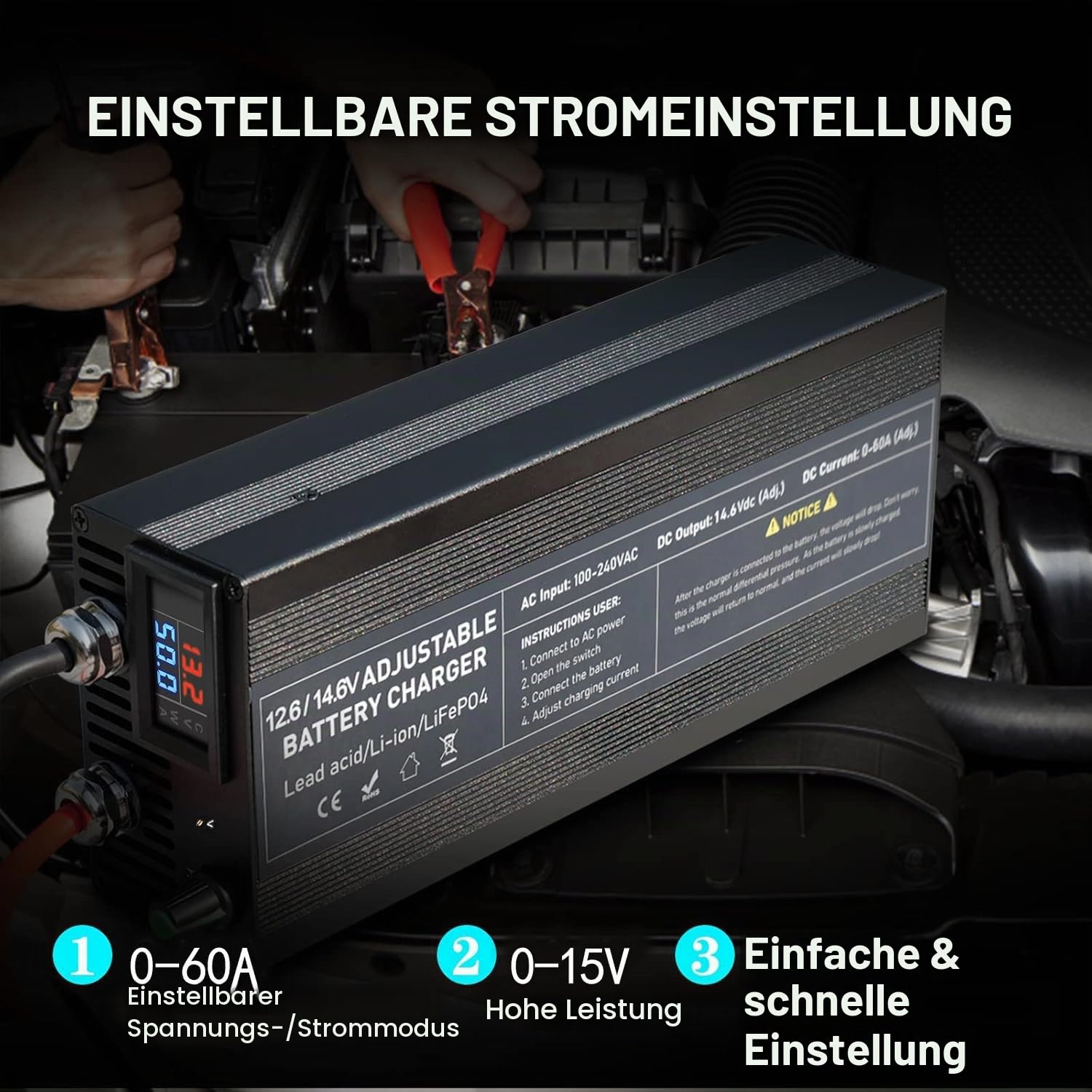 LiFePO4 14,6V 60A Batterieladegerät, 0-15V/0-60A Ladegerät Lithium Batterie mit Stufenloser Regulierung, Intelligentes 12V Lithium Akku für Auto, LKW, Motorrad, Rasenmäher, Boot