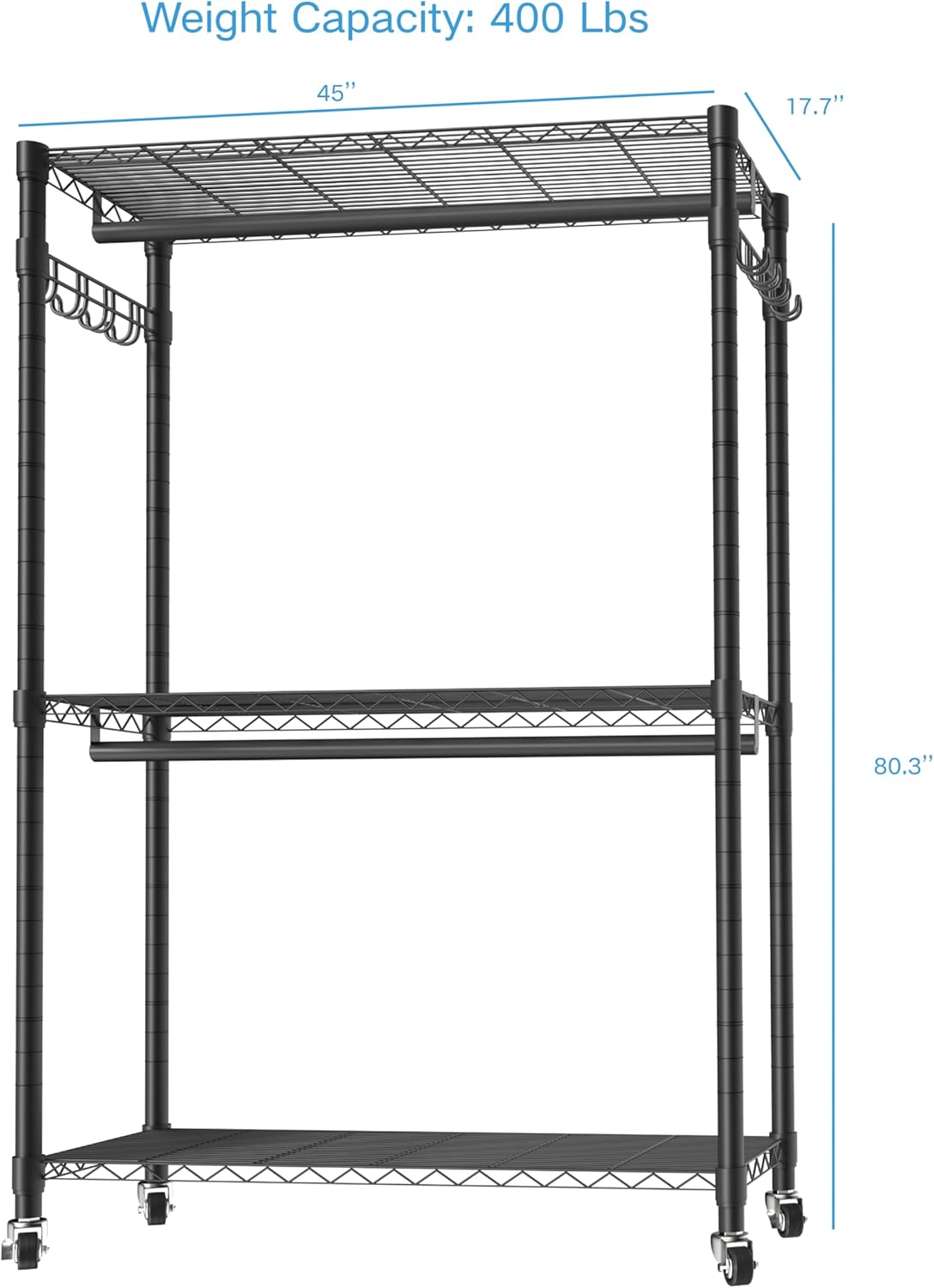 V12 Black Heavy Duty Rolling Garment Rack with Adjustable Shelves