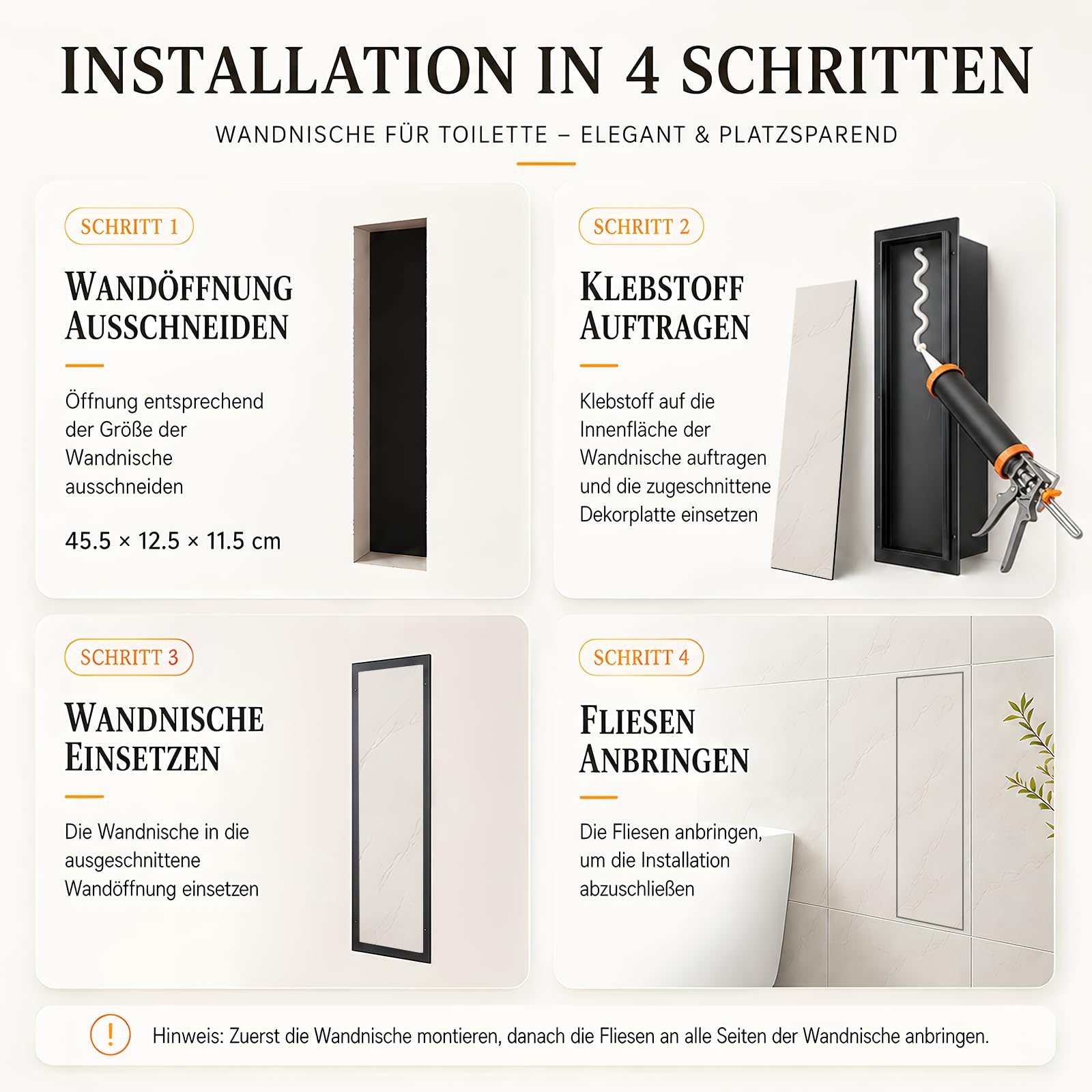 Unterputz Klobürstenhalter mit Klobürste Edelstahl Mattschwarz, 45x12x12 cm