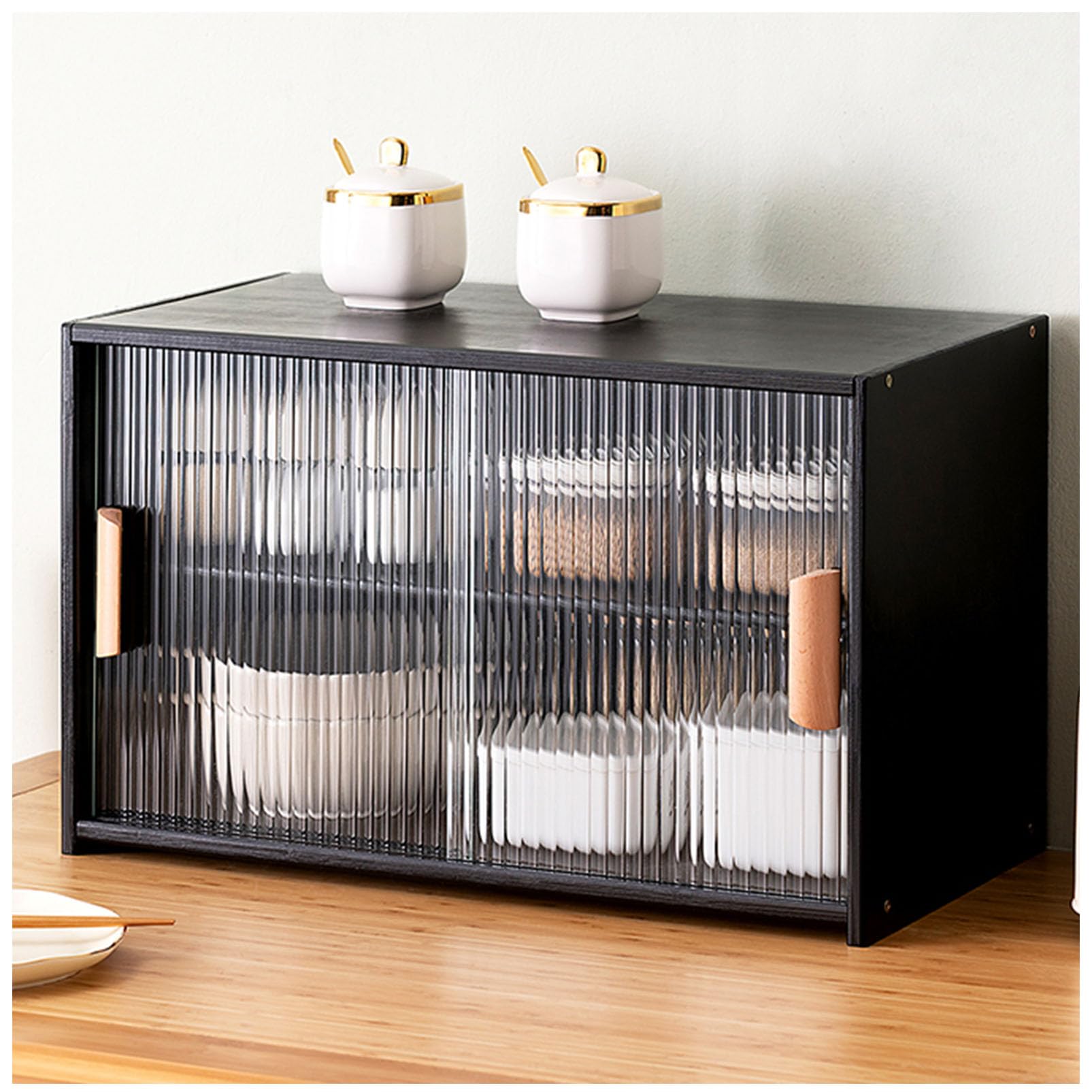 Kitchen Pantry Cabinet Bamboo Storage Cabinet with Glass Doors, Dining Compact Shelving Sideboard Countertop Cabinet