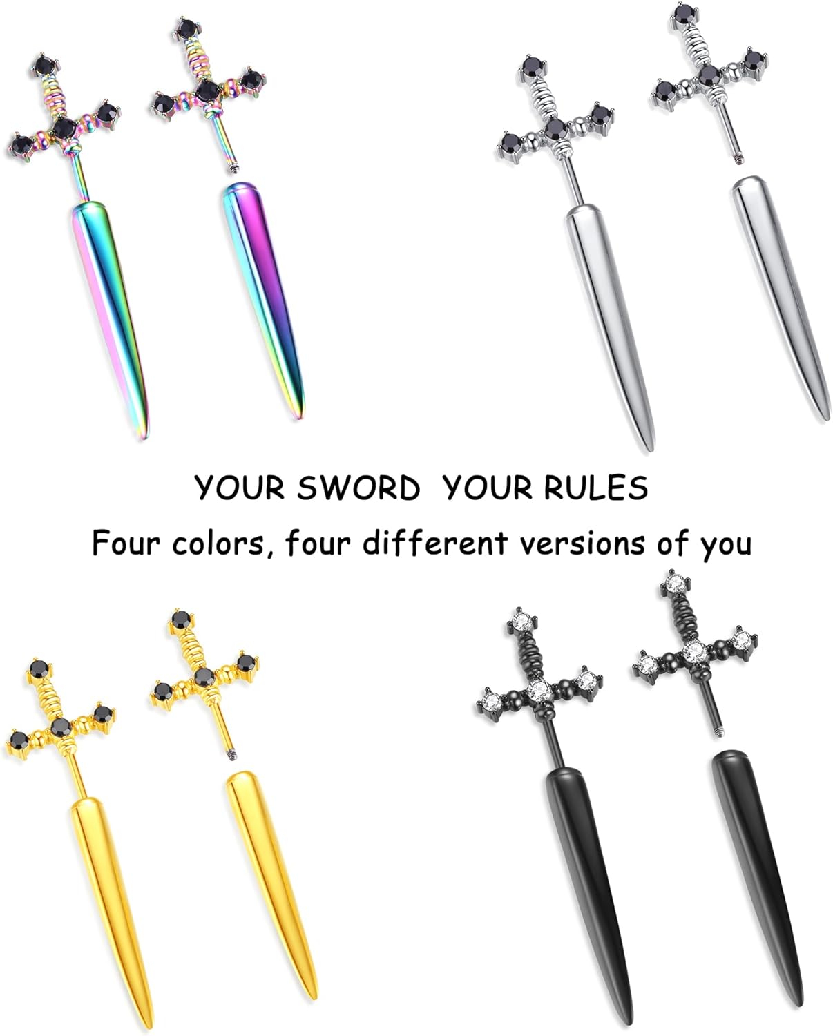 Vintage Gothic Sword Earrings 316L Steel Hypoallergenic Rhinestone Crystal Dagger Earrings Punk Style Sword Dangle Earrings Costumes Festival Jewelry for Women and Men (Sword,Black) - Image 5