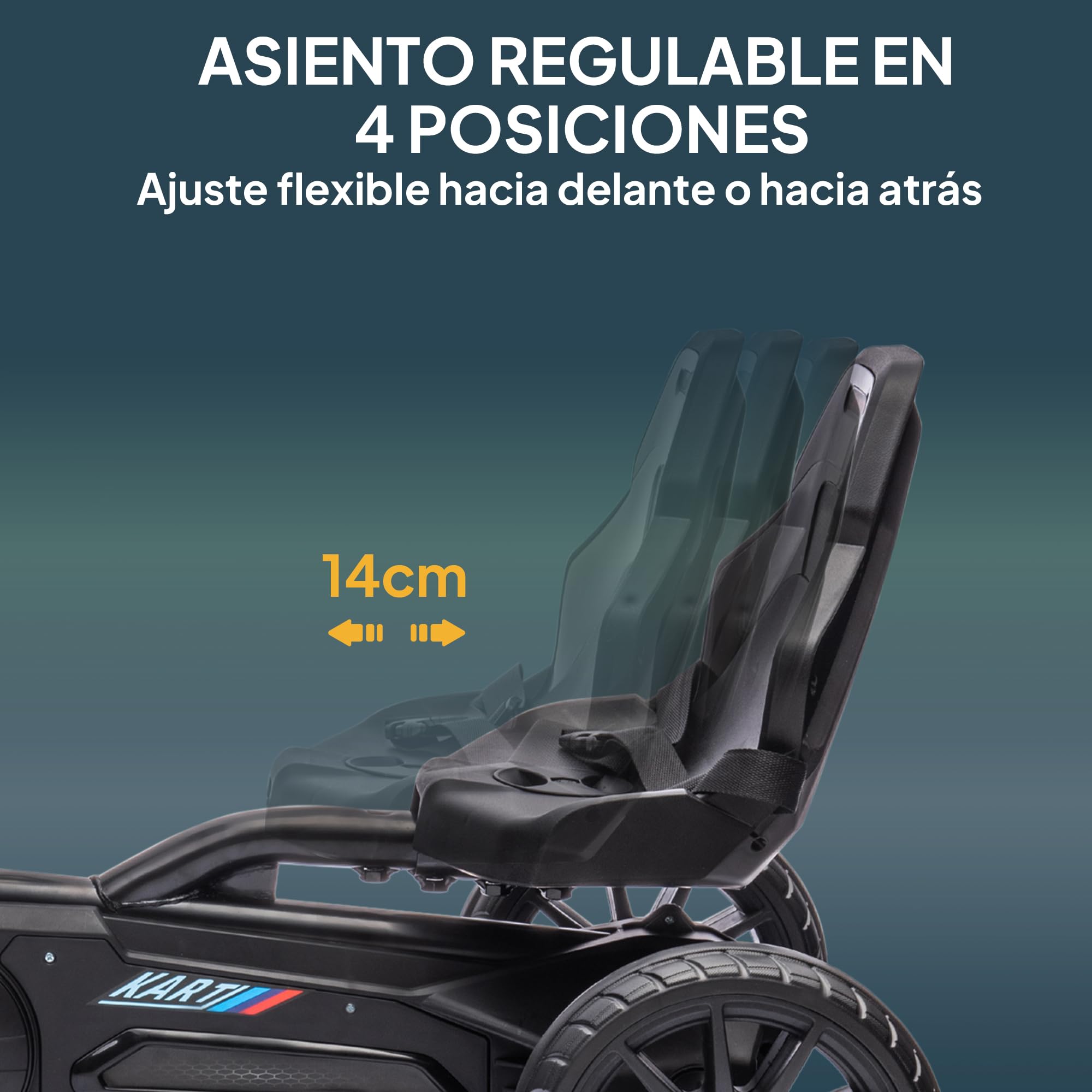 HOMCOM Kart Pedales Go Kart a Pedales para Niños de 3-8 Años con Asiento Ajustable en 4 Posiciones Freno de Mano Ruedas de EVA y Marco Metálico Carga 30 kg Negro