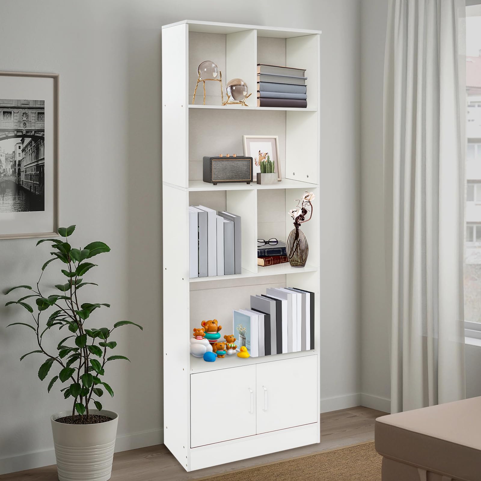 Estantería, estantería con 2 puertas, 6 compartimentos, estantería alta con 5 niveles, estantería escalonada, estantería de pie, para salón, oficina, cocina, 60 x 23 x 178,2 cm, color blanco