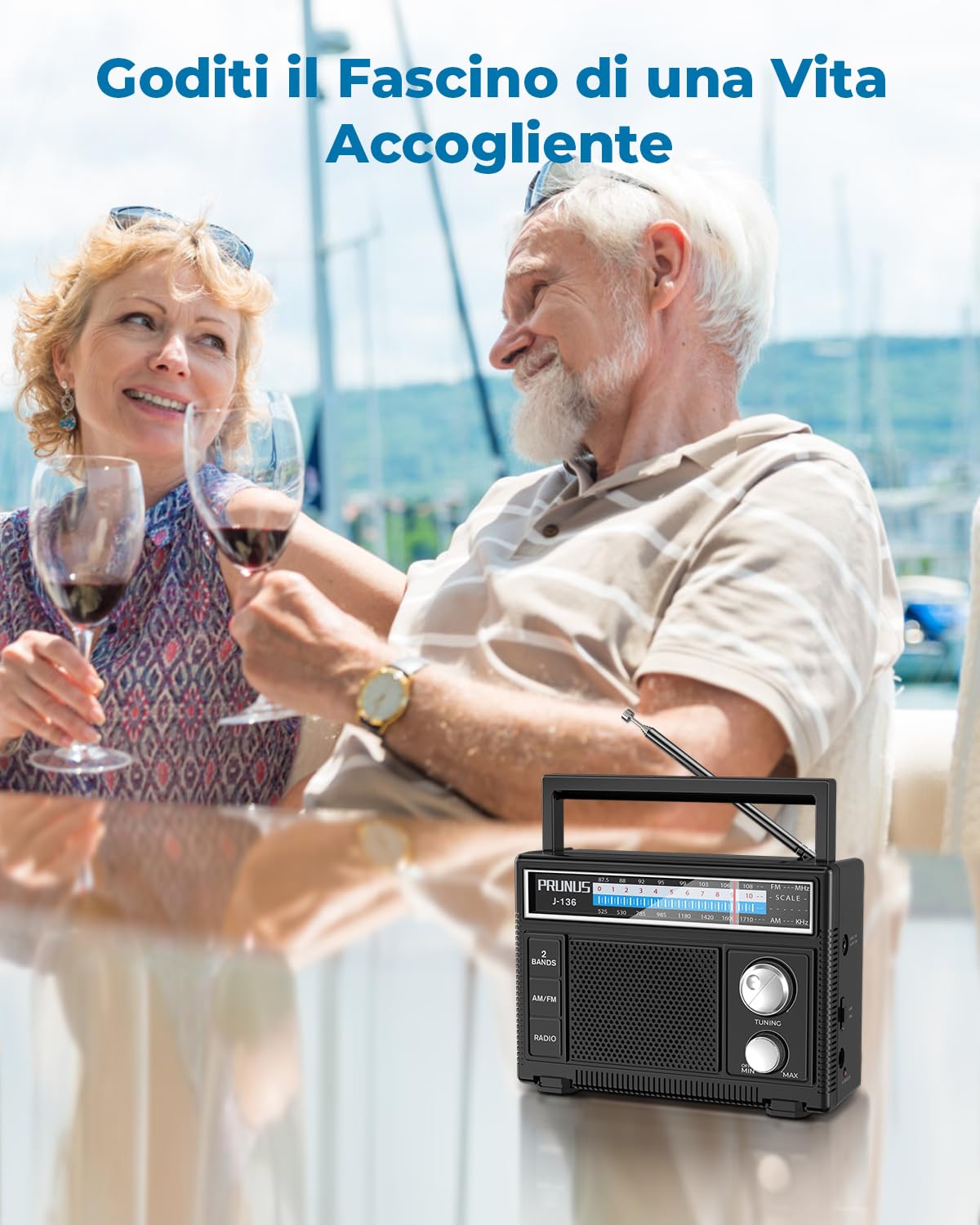 PRUNUS J-136 Radio Portatile AM/FM, Alimentazione Batterie o CA, Jack AUX/Microfono, Nero