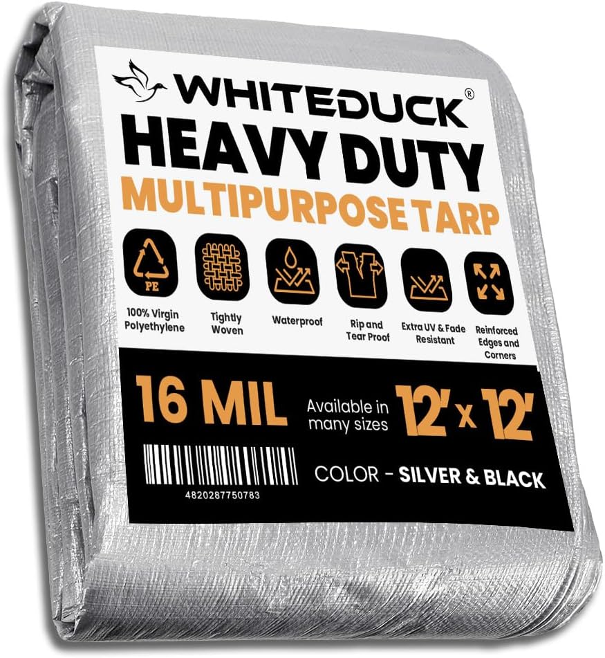 WHITEDUCK Super Heavy Duty Poly Tarp Cover 16 Mil & 10 Mil with Grommets and Reinforced Edges (Brown, White & Silver Black) (Silver Black- 16 Mil, 12' x 12')