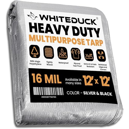 WHITEDUCK Super Heavy Duty Poly Tarp Cover 16 Mil with Grommets and Reinforced Edges (Silver Black- 16 Mil, 12' x 12')