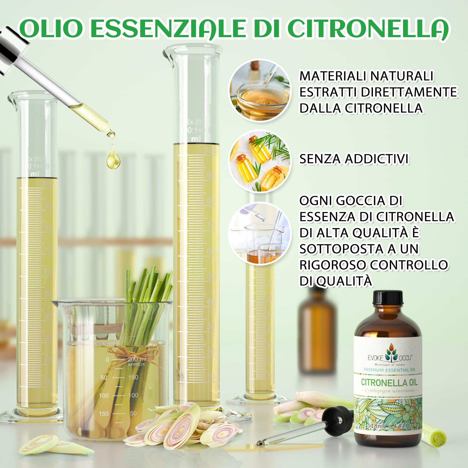 EVOKE OCCU Olio Essenziale di Citronella 118ml, Puro per Diffusore, Spray, Massaggio, Aromaterapia, Pelle, Capelli