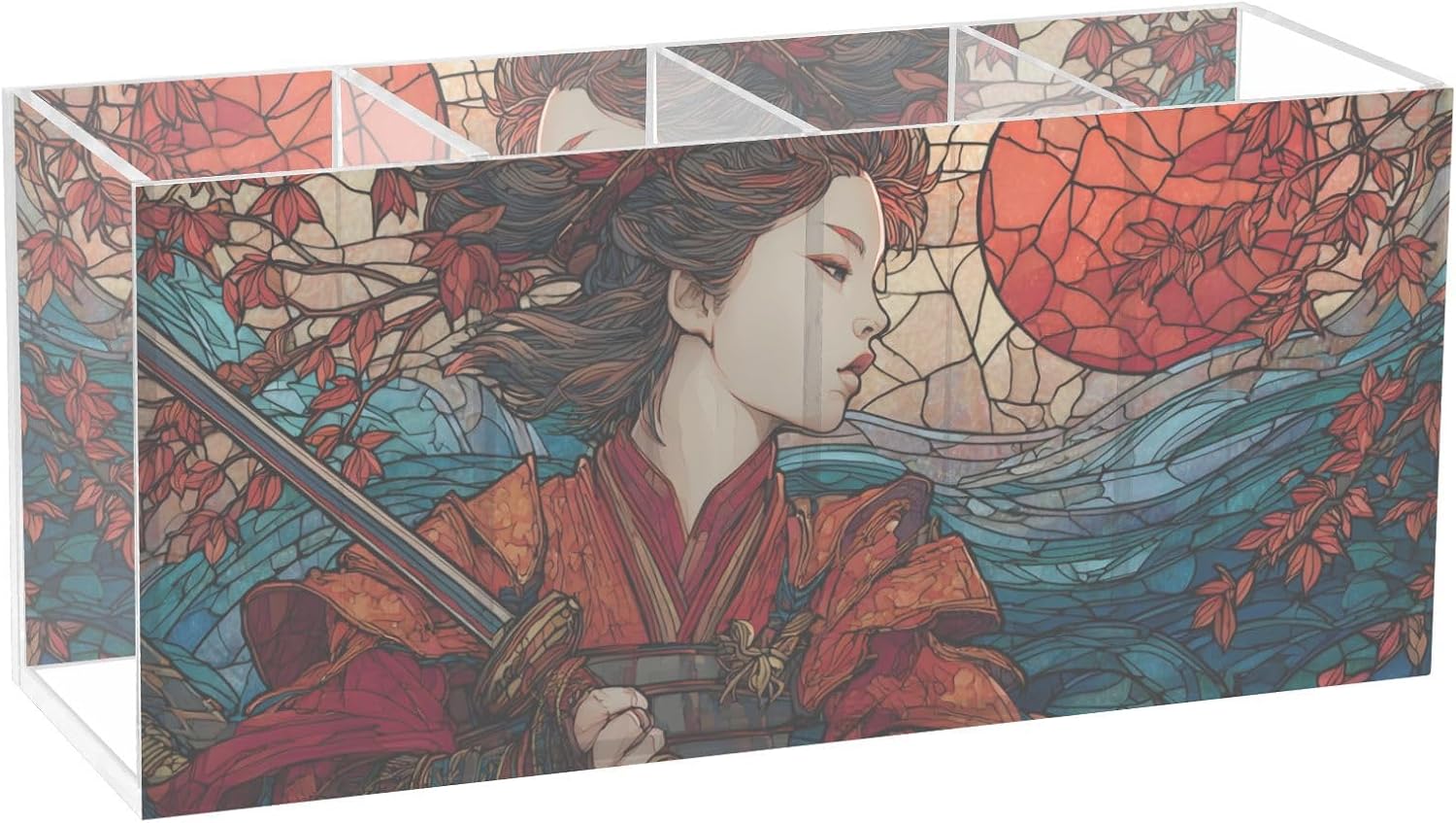 Woman Anime Street Woman Anime Green Samurai Katana Moon Acrylic Pen Holder 4 Compartments, Pencil Holder for Desk, Office Desk Storage Organizer for Office