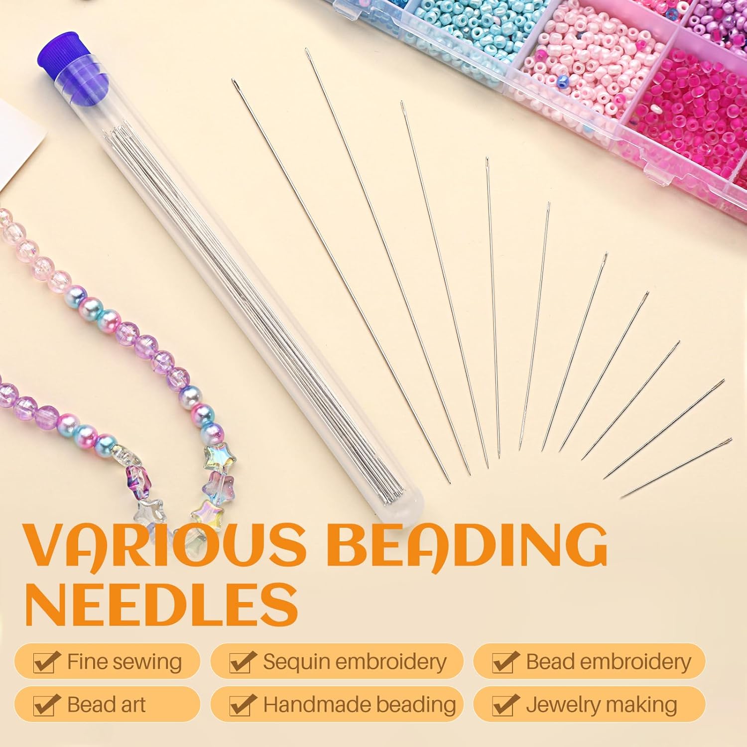 UOOU 100 Pcs Beading Needles, Beading Needles for Seed Beads, Size 10-12 Extra Straight Fine Seed Beads Needles for Embroidery Jewelry Making