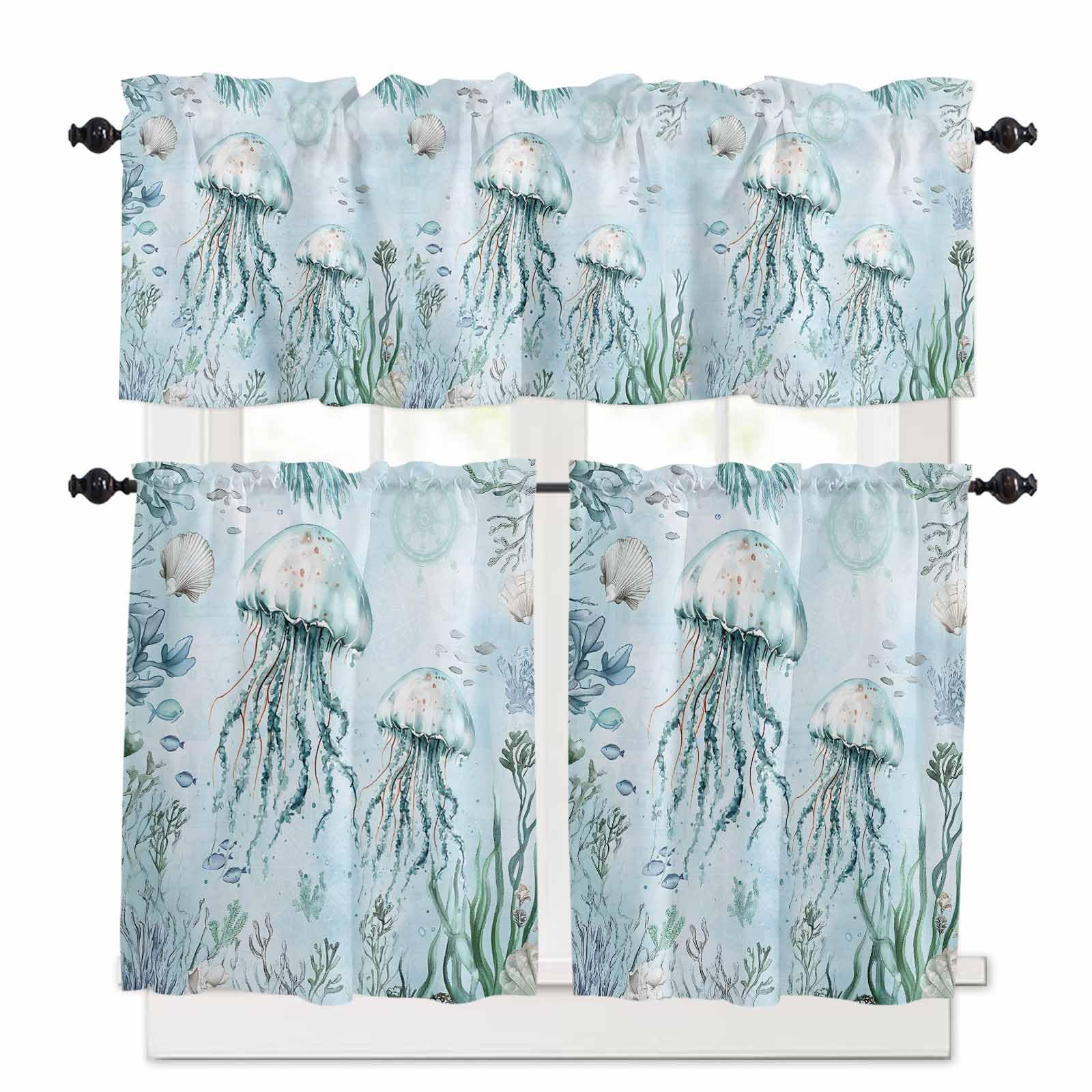 Aqua Jellyfish Kitchen Curtains 24 Inch Length, 3 Piece Rod Pocket Small Half Tiers and Valance Set, Coastal Nautical Ocean Shells Seaweed Small Large Window Treatment Decor for Bedroom/Bathroom Sink