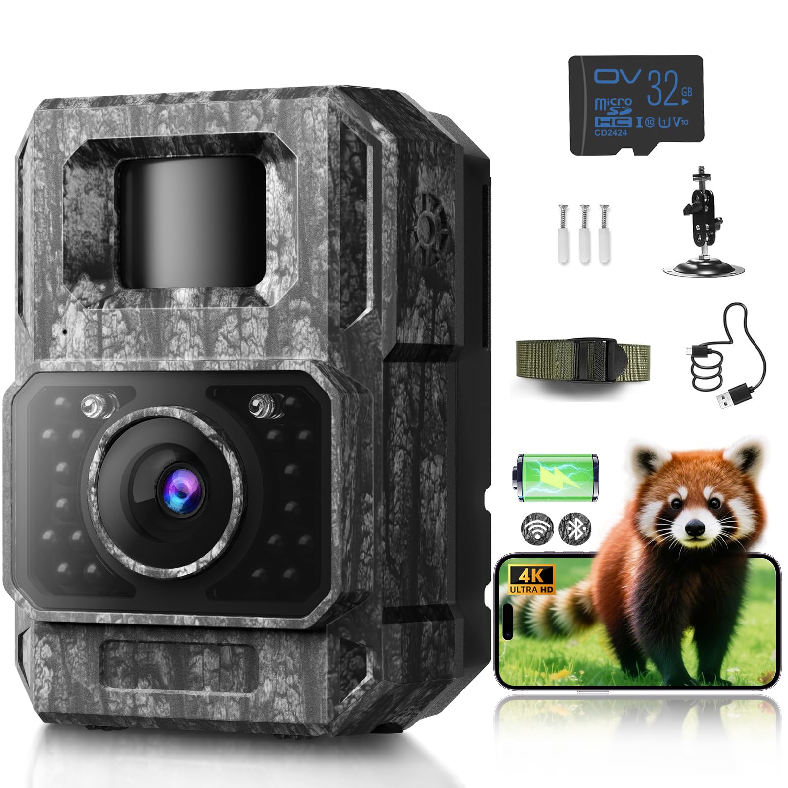 MAXDONE Wildkamera mit Handyübertragung APP - Wildtierkamera 4K 64MP HD mit WLAN Bluetooth Bewegungsmelder Nachtsicht, Wildkamera mit 6000mAh Akku, 0,1s Auslösezeit, 32GB Speicherkarte IP66